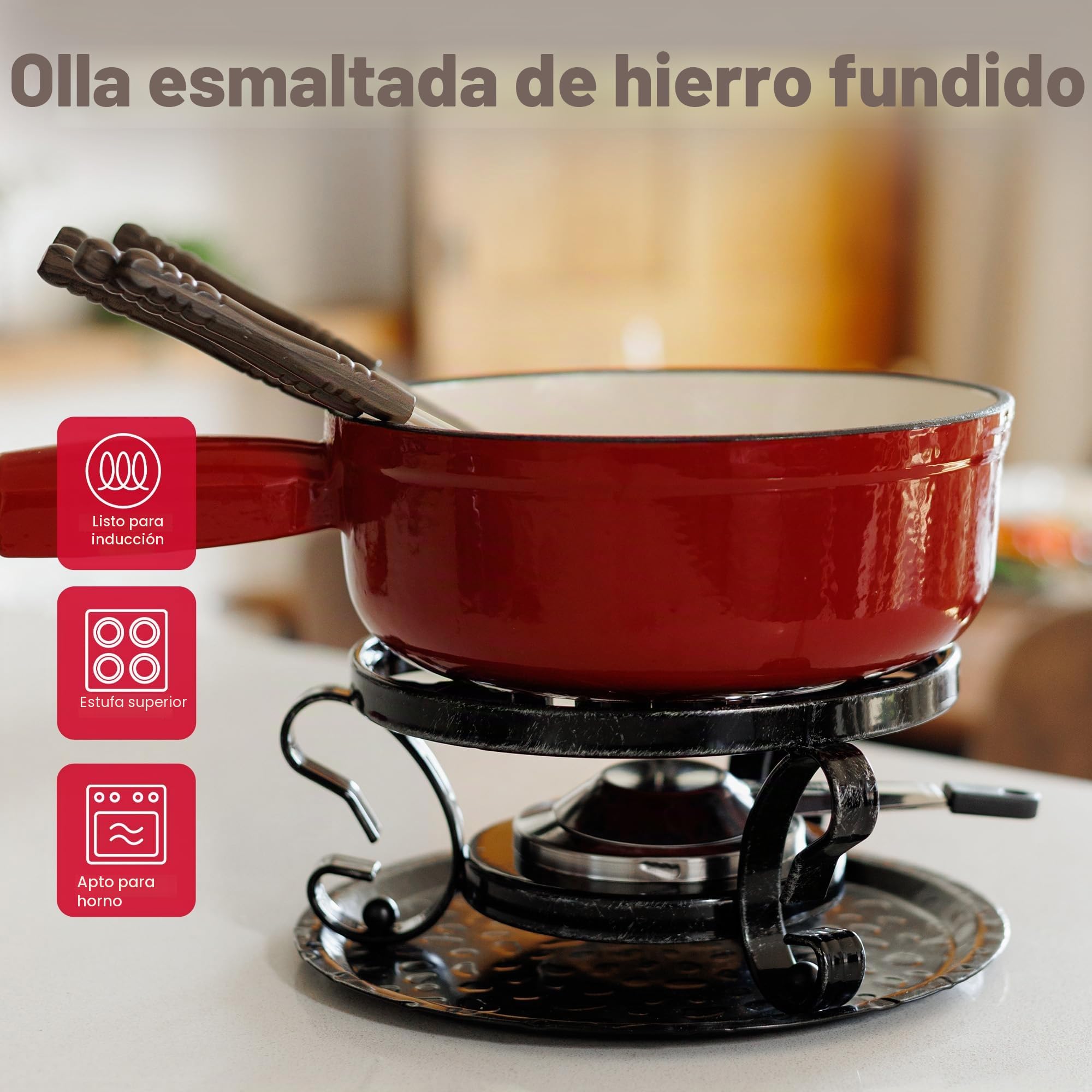 Swissmar KF-66517 Lugano - Juego de fondue (9 piezas, hierro fundido/acero inoxidable, color rojo cereza, 2 L, para carne, queso y chocolate, para 4 personas)