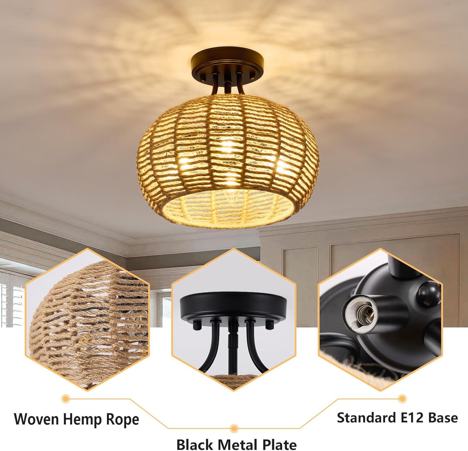 XSDeTu Boho Light Fixtures Ceiling Mount, 4-Light Farmhouse Hemp Rope Flush Mount Ceiling Light, Rustic Hand Woven Chandelier, Coastal Close to Ceiling lamp for Bedroom Hallway Entryway Kitchen