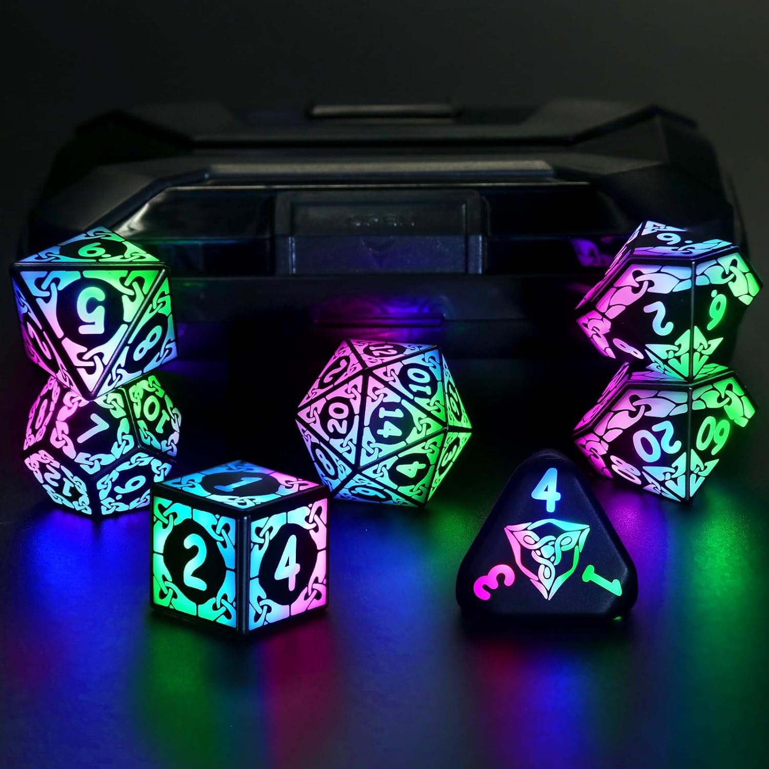 Light Up Dice for DND - Magical Glow LED Dice, Rechargeable Polyhedral Dice, Wireless Charging Case & Full 7-Die Set, for D and D RPG Games (Blue)