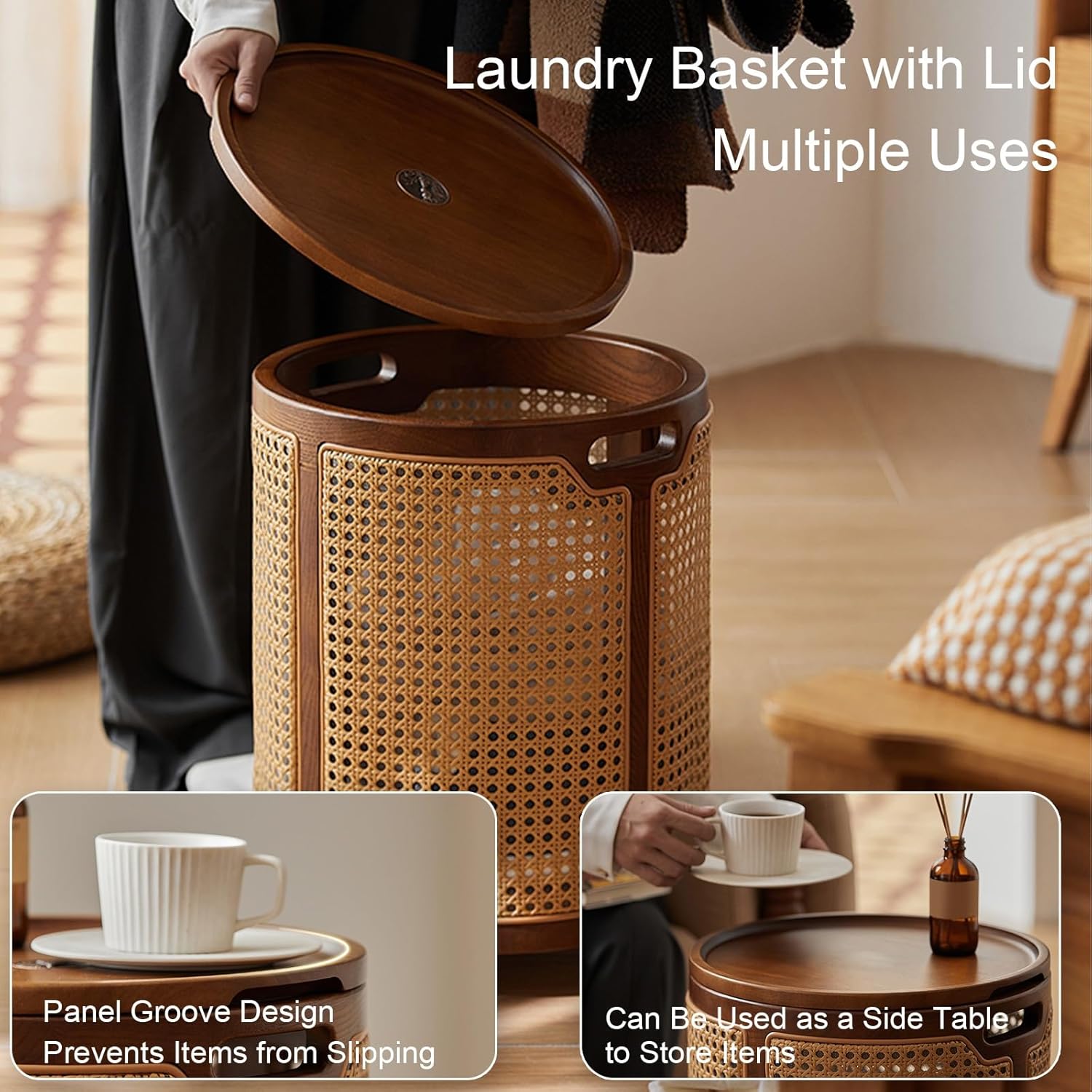 Decorative Laundry Hamper with Wooden Lid, Rattan Laundry Basket with Wheels and Handles, Cylindrical Clothes Hamper for Living Room Decor