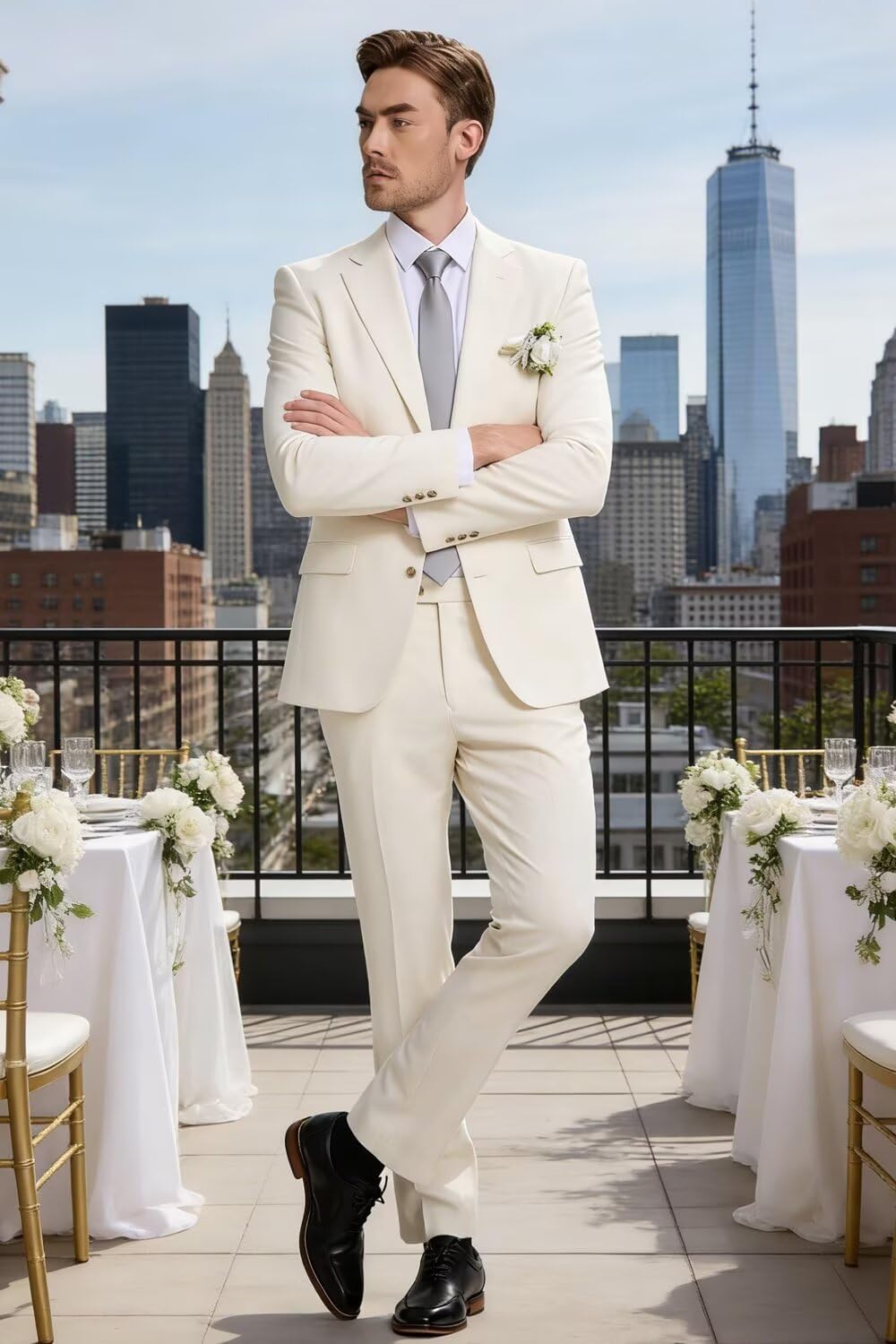 Bofan 2 Piece Linen Suits for Men Slim Fit Casual Beach Wedding Summer Grooms Groomsmen Linen Blazer Pants Suit - Image 2