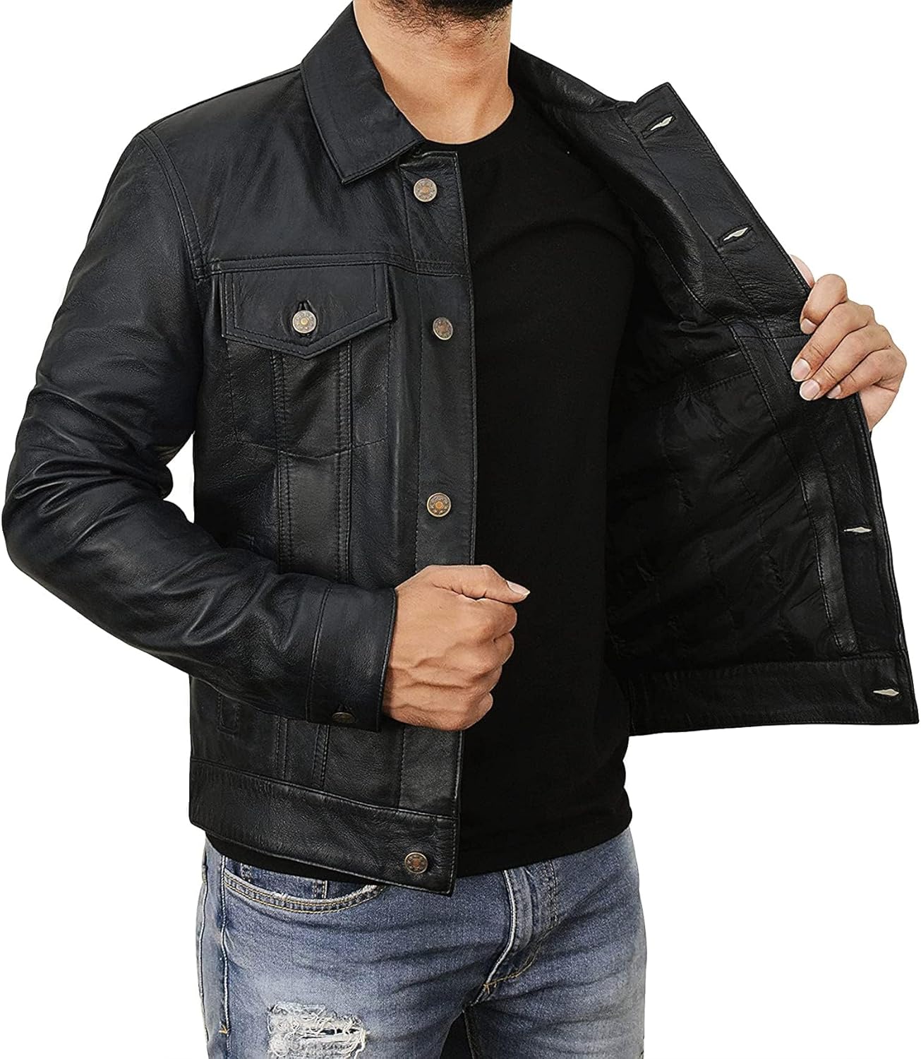 Leather Trucker Jacket Men - Real Lambskin Shirt Style Vintage Fashion Mens Leather Jacket - Image 3