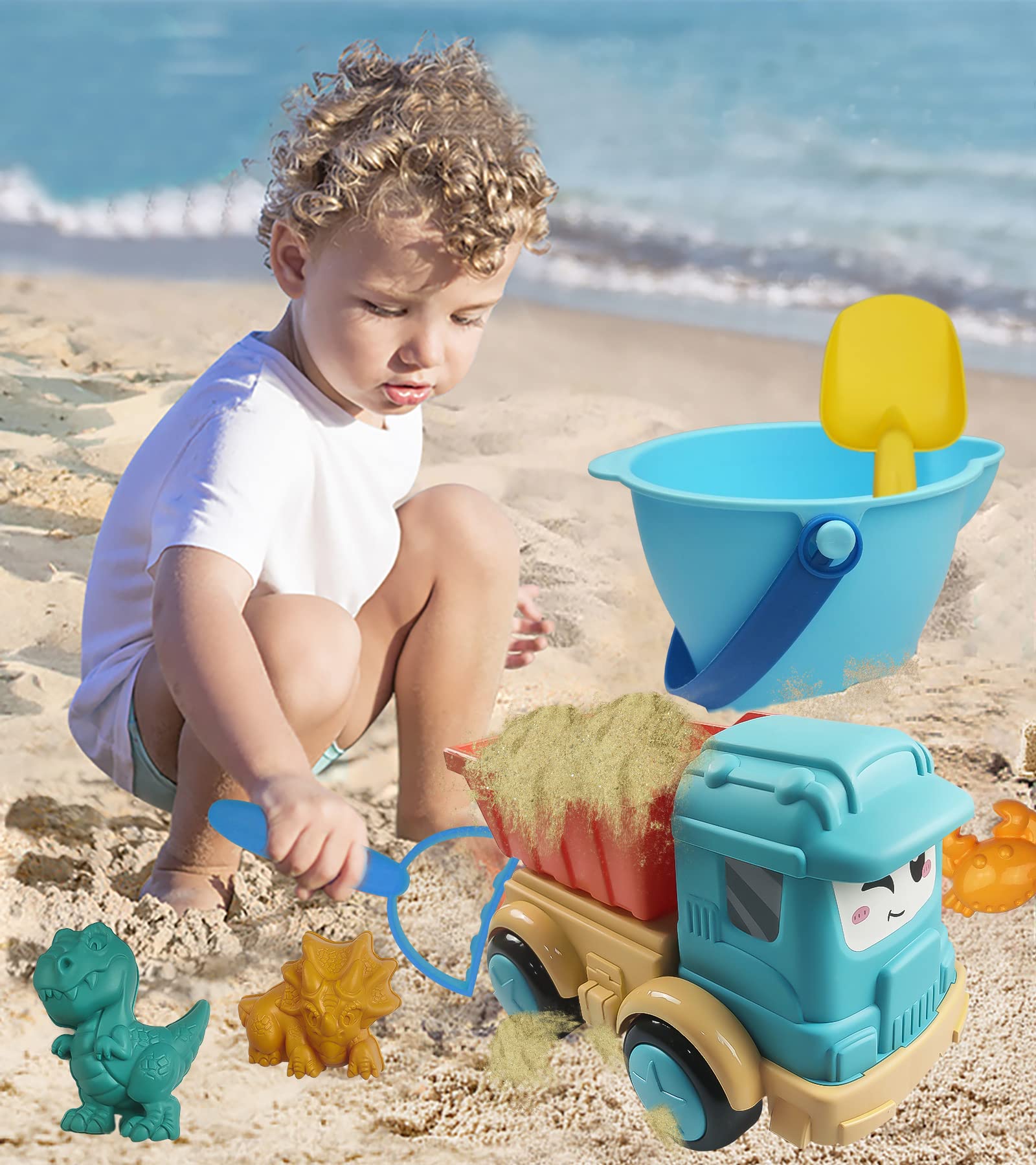 IOKUKI Long Shovels Sand Toys Set with Mesh Bag Including Dump Truck, Castle Building Kit Beach Buckets, Shovels, Rakes, Molds, Outdoor Beach Toys Tool Kit for Kids, Toddlers, Boys and Girls (24 PCS)
