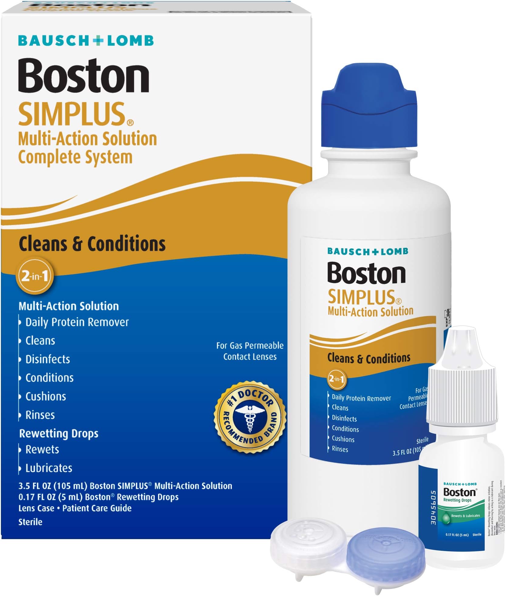 Boston Simplus Contact Lens Solution Kit, for Gas Permeable Contact Lenses, 3.5 Fl Oz Multi-Action Solution, 0.17 Fl Oz Rewetting Drops, Lens Case Included