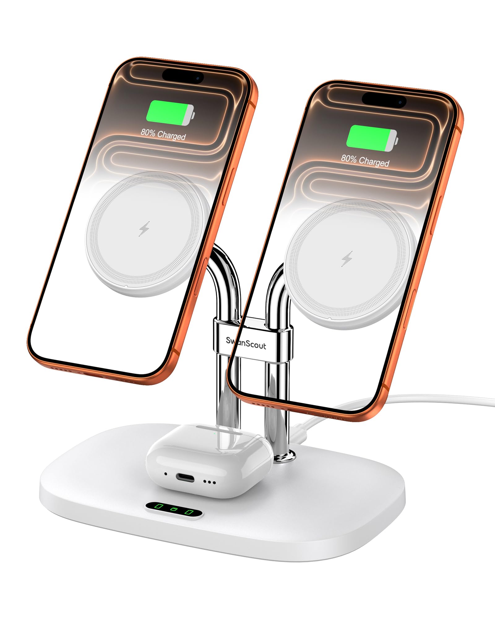 SwanScout Wireless Charger for iPhone 16 15, SwanScout 706M, Dual Magnetic Charger for iPhone 14/13/12 Series, Charging Station for AirPods Pro 2, AirPods 4/3rd (White)