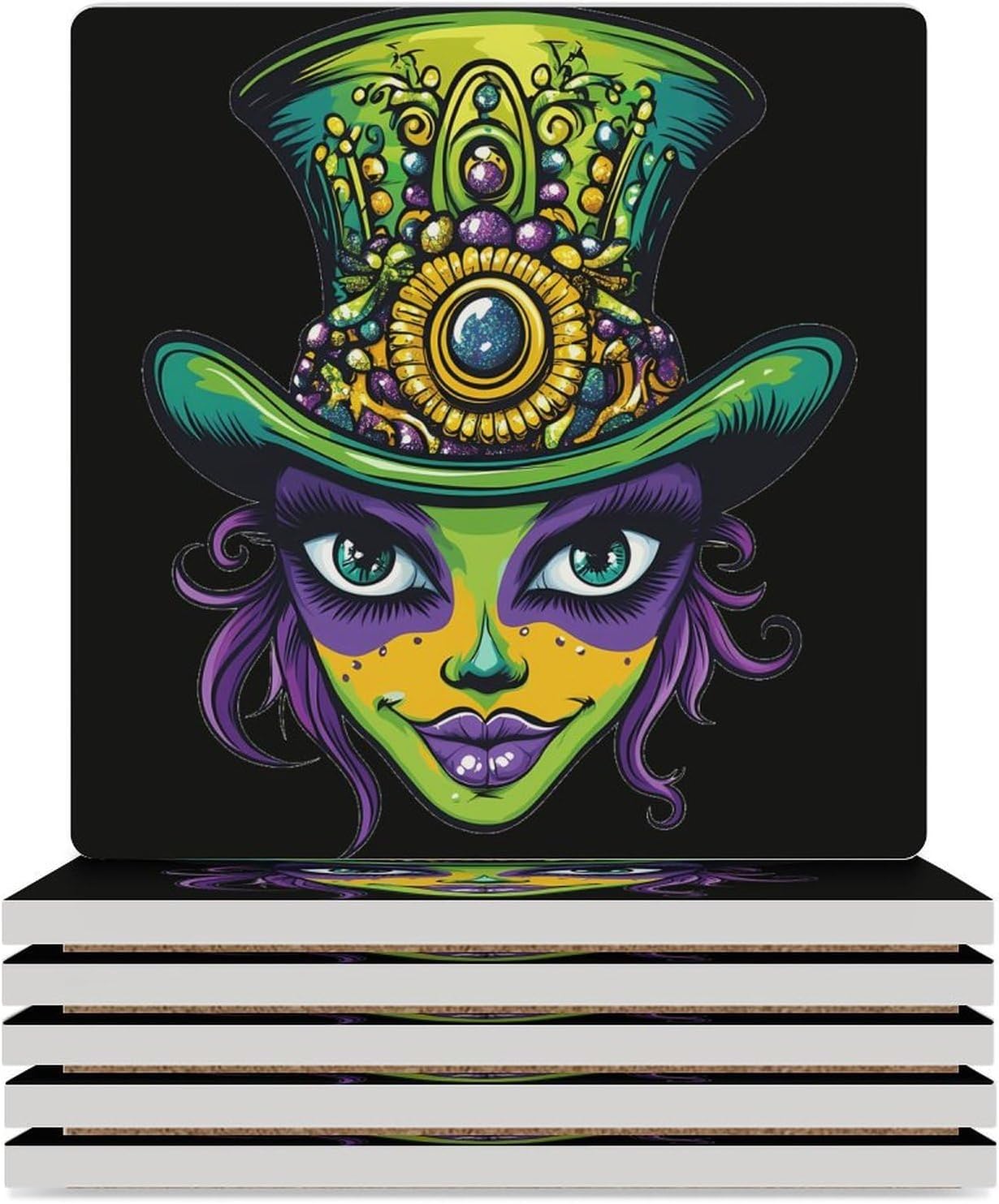 Mardi and Gras Ceramic Coasters Square Drinks Coaster Coffee Table Decor Table Coaster for Home Bar