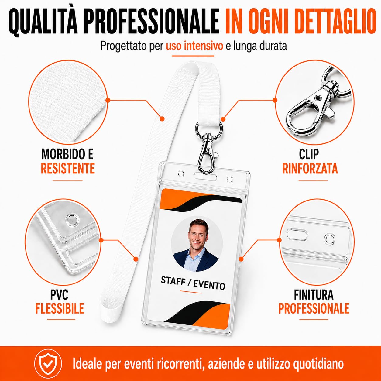 Set 100 Lanyard Bianchi + 100 Porta Badge Verticali 9 x 12 cm | Poliestere 2 cm x 46 cm, gancio metallico 4 cm, PVC trasparente, apertura superiore, lettura RFID e QR senza estrarre la tess