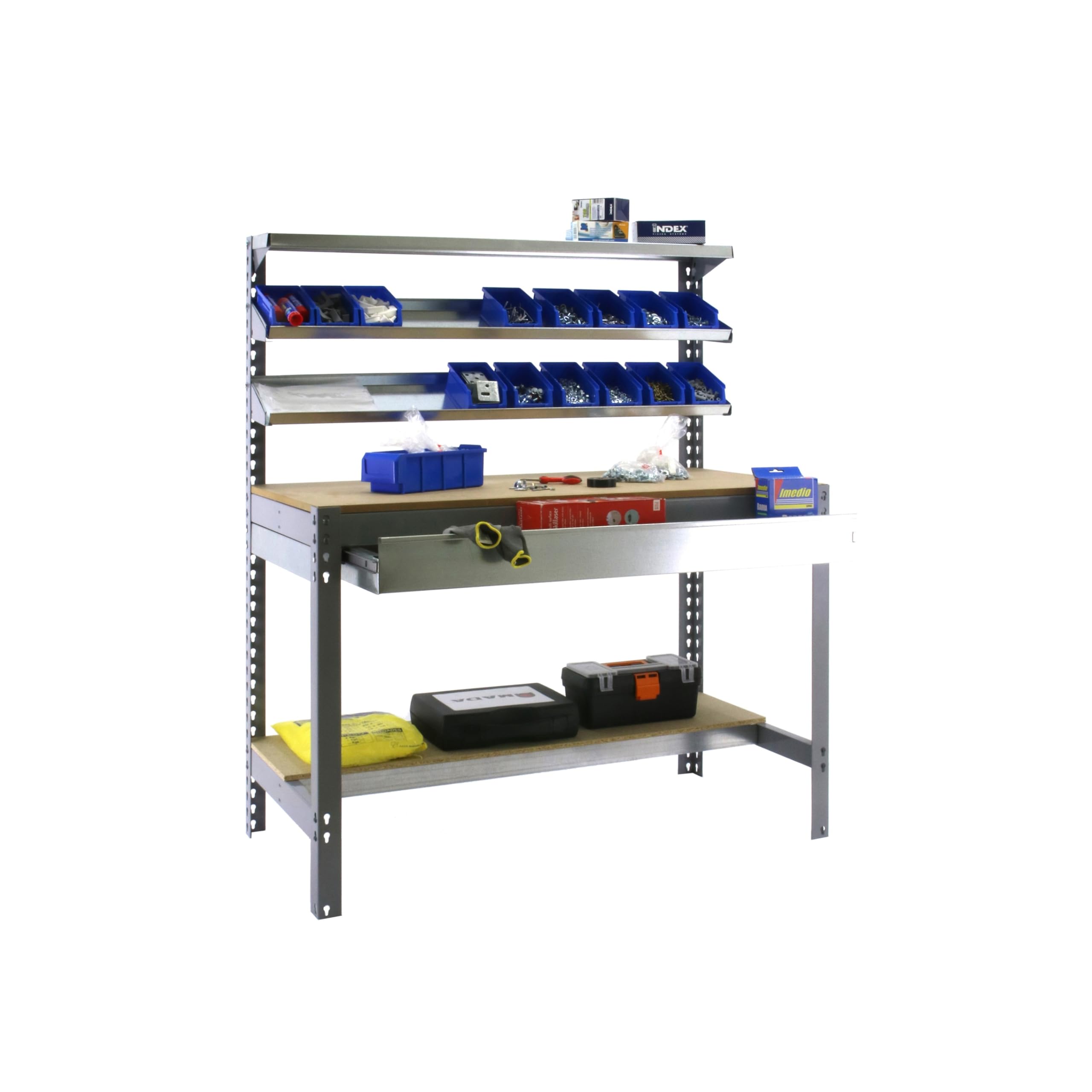 Simon Rack Banco de Trabajo con 3 repisas y cajón 910x610 mm - BT1 | Capacidad Carga 400 kg, Pintura anticorrosión, Gris , Montaje sistema clic