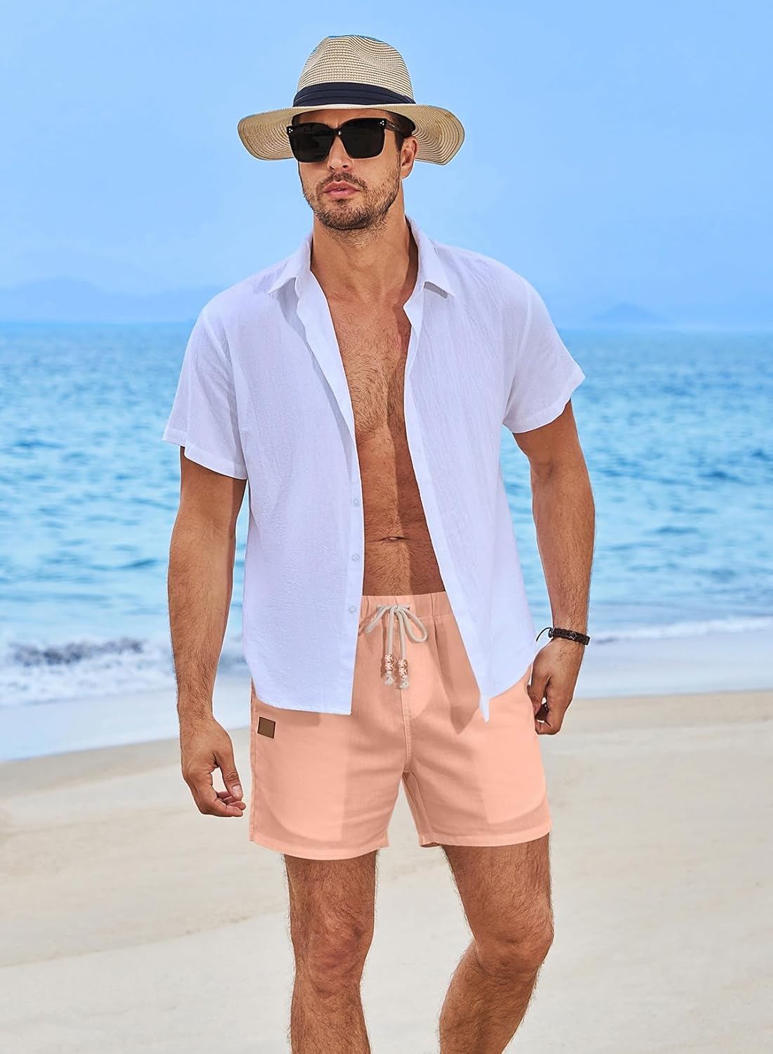 Mens Casual Beach Shorts Elastic Drawstring Waist Cotton Linen Shorts with Pockets - Image 2