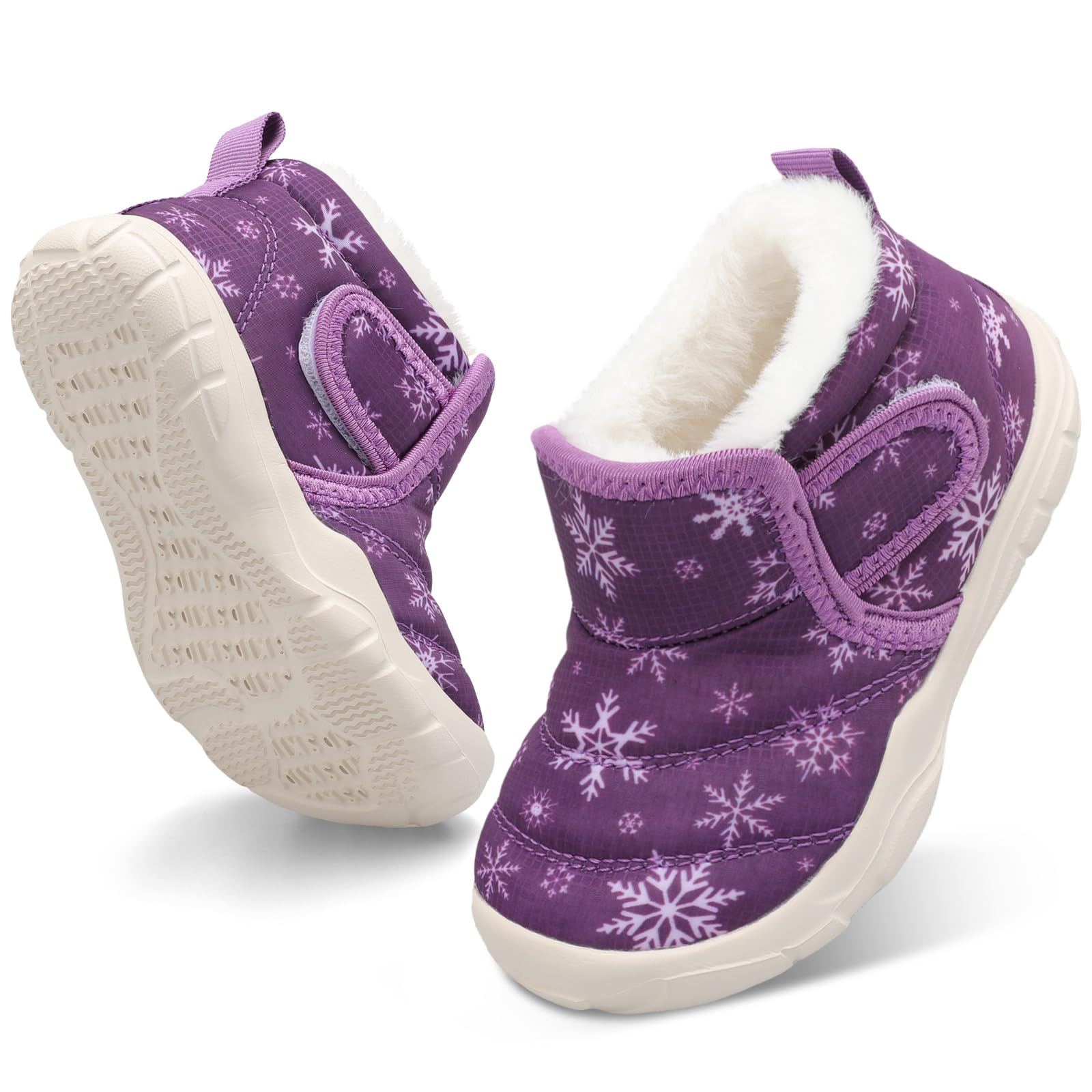 QFH Baby Boys Girls Winter Warm Shoes Cozy Fleece Snow Boots Toddler Non-Slip Walking Shoes Infant Outdoor Water Resistance Faux Fur Booties