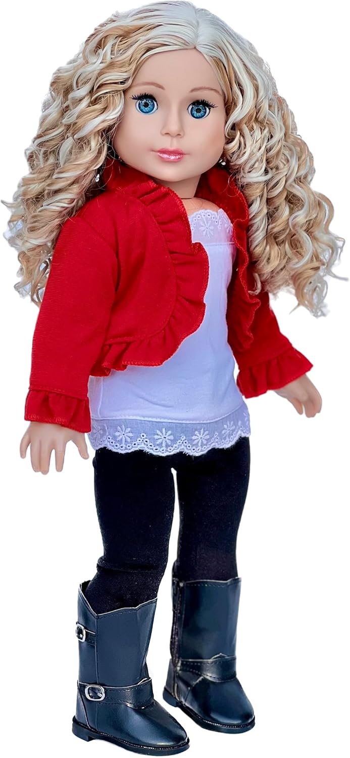Uptown Girl - 4 Piece Outfit - Red Ruffled Jacket, White Tank Top, Black Leggings and Boots - Clothes Fits 18 Inch Doll (Doll Not Included)