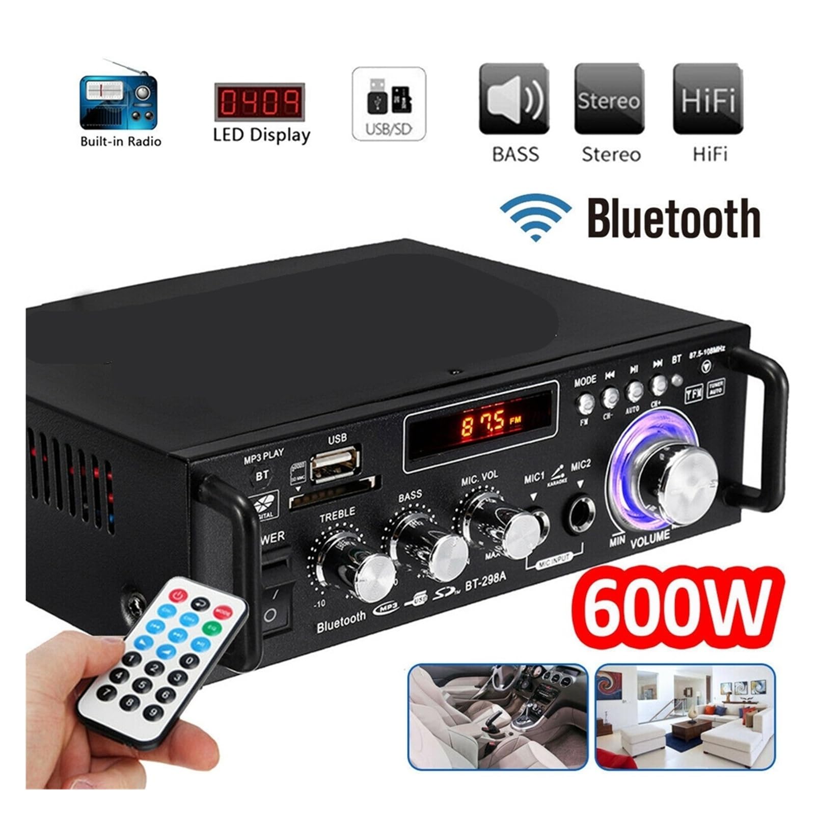 Amplificatore di potenza stereo HIFI digitale 300W+300W con display LCD a 2 canali, radio FM Bluetooth con telecomando Per l'home cinema