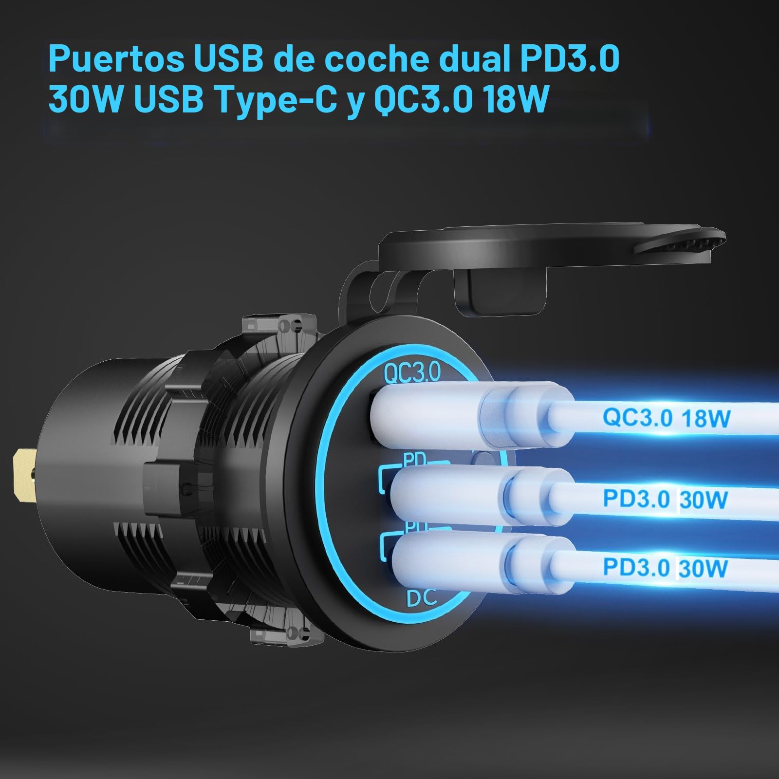 Panel de Interruptores Marinos Impermeables, 5 Gang Rocker Switch Cargador de Aluminio con 3 puertos 66W 12V USB Outlet, 150W Enchufe del encendedor y Voltímetro LED azul para Camión Coche RV, etc.