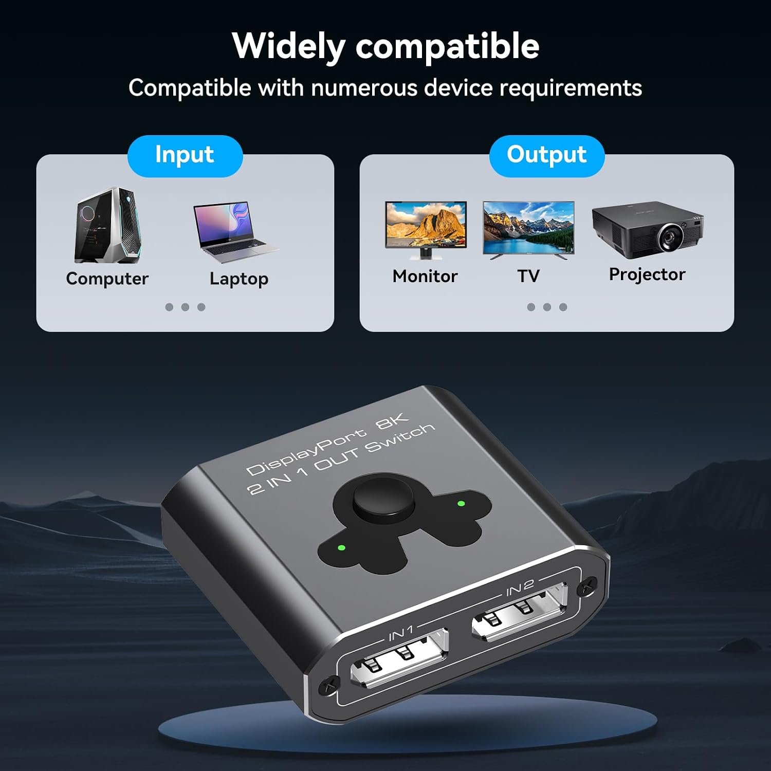 8K60Hz DisplayPort Switch 2 in 1 Out DP 1.4 Switcher Selector Box Support 4K@144Hz High Resolution 2x1 Display Port Monitor Switch for Laptop, Desktop, TV Monitors Projectors etc