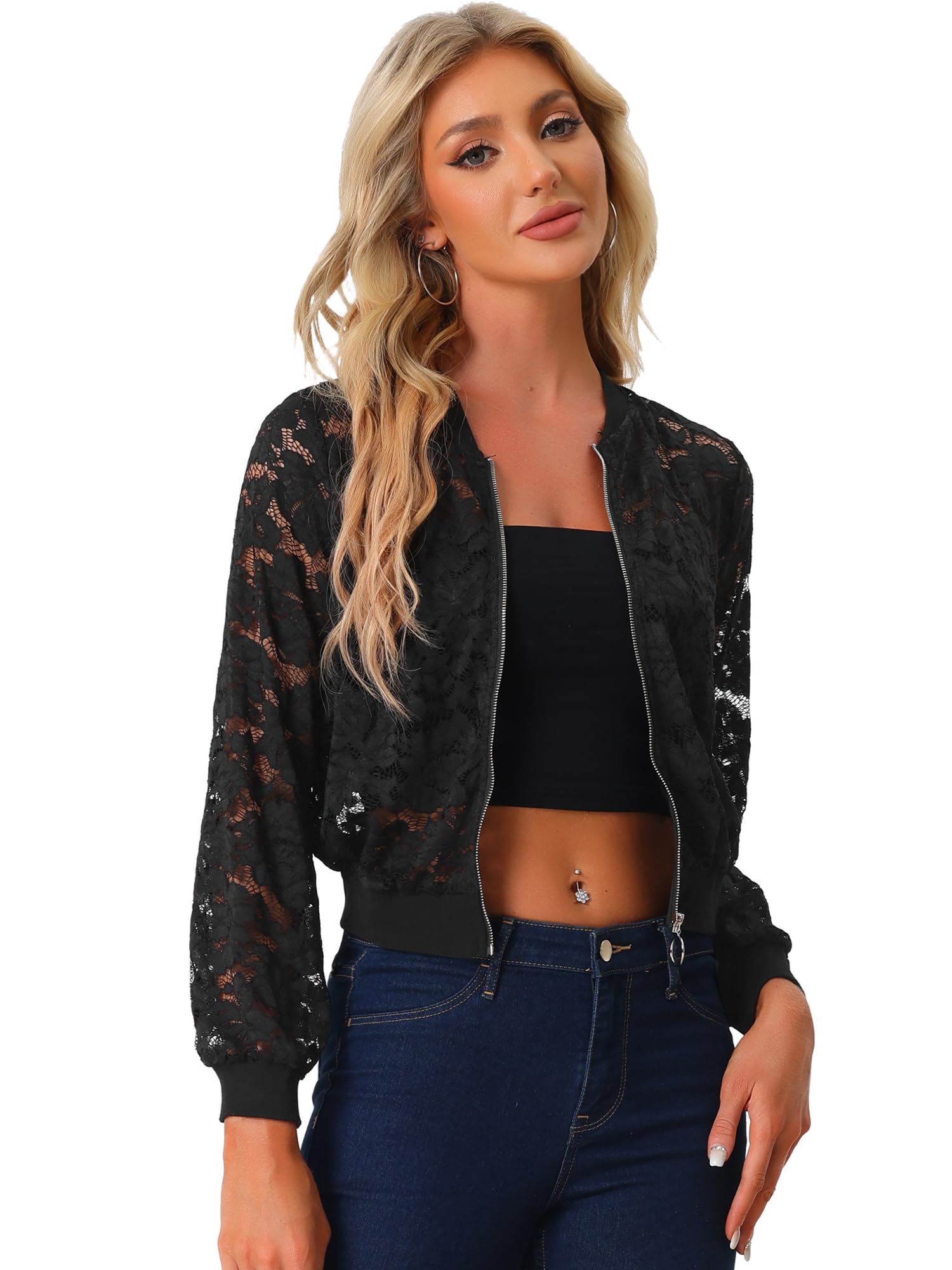 Allegra K Lace Jackets for Women's Stand Collar Zip Up Lightweight Gothic Sheer Baseball Jacket