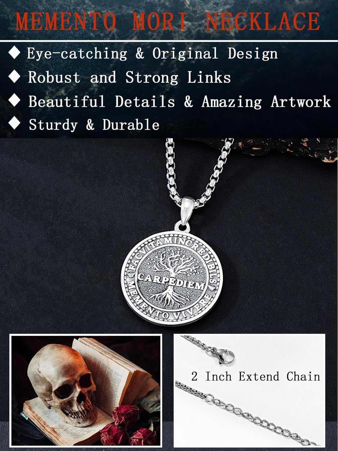 Seiyang Skull Necklace Sterling Silver Skull Pendant Gothic Jewelry Gift for Goth Lovers Halloween (with Gift Box) - Image 3