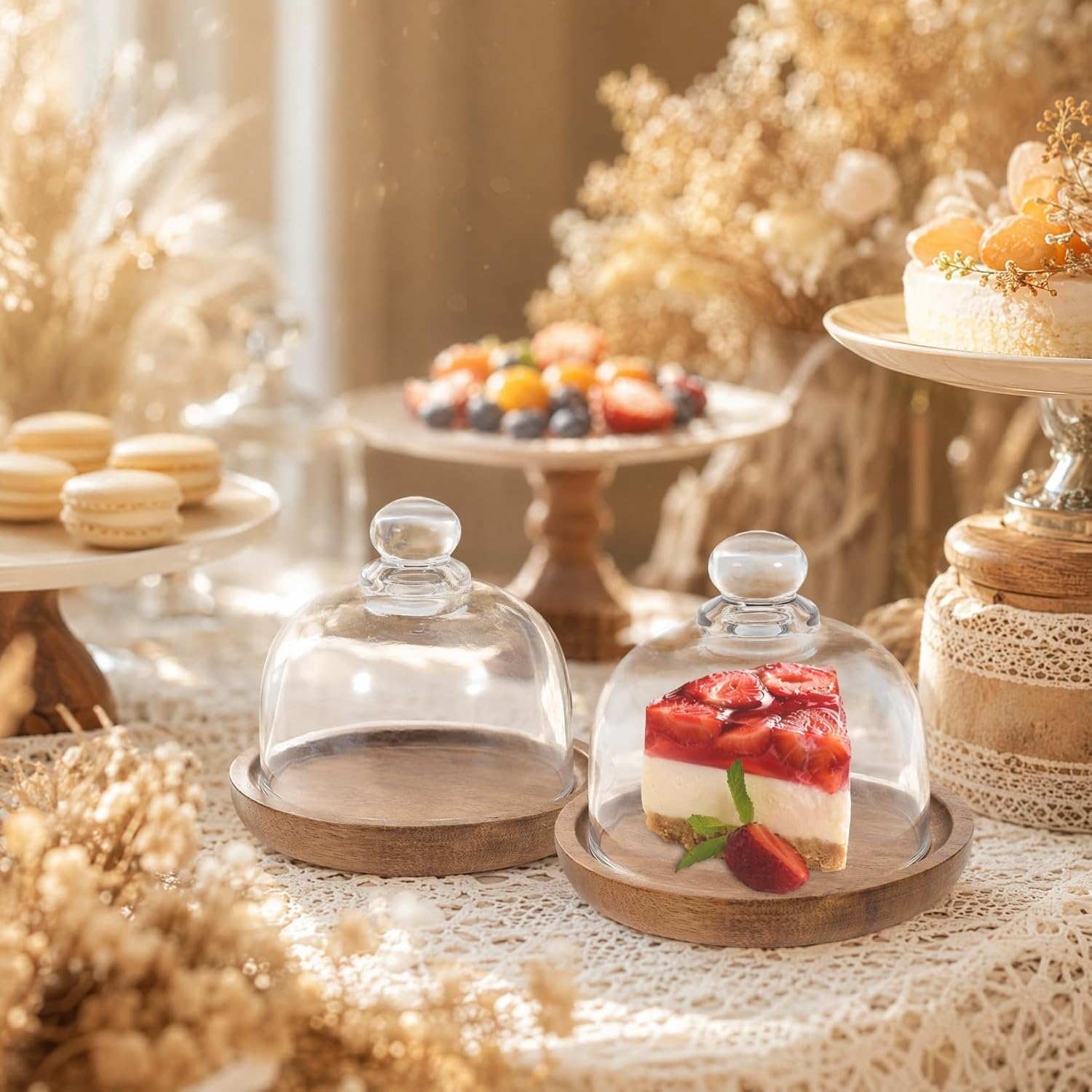 Housoutil Mini Dessert Display Plate Set of 2 4.13 in Wooden Cake Plate with Glass Dome Bread Tray Storage Holder for Parties Weddings Bakeries Restaurants Buffet Window Displays image 2