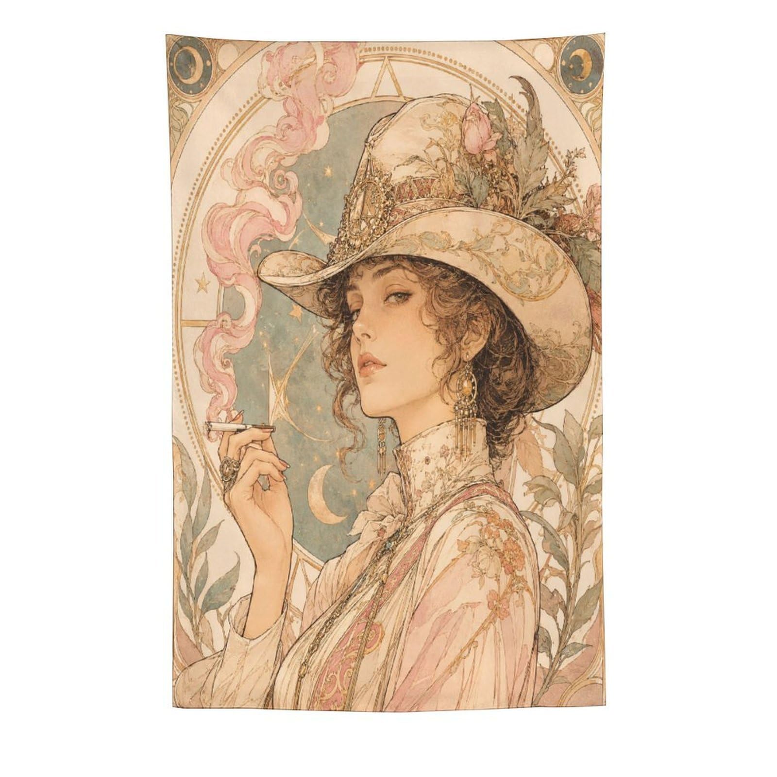 W7C8U2X3 Cowgirl with UFO Hat Wall Tapestry, Art Nouveau, Sofa Area