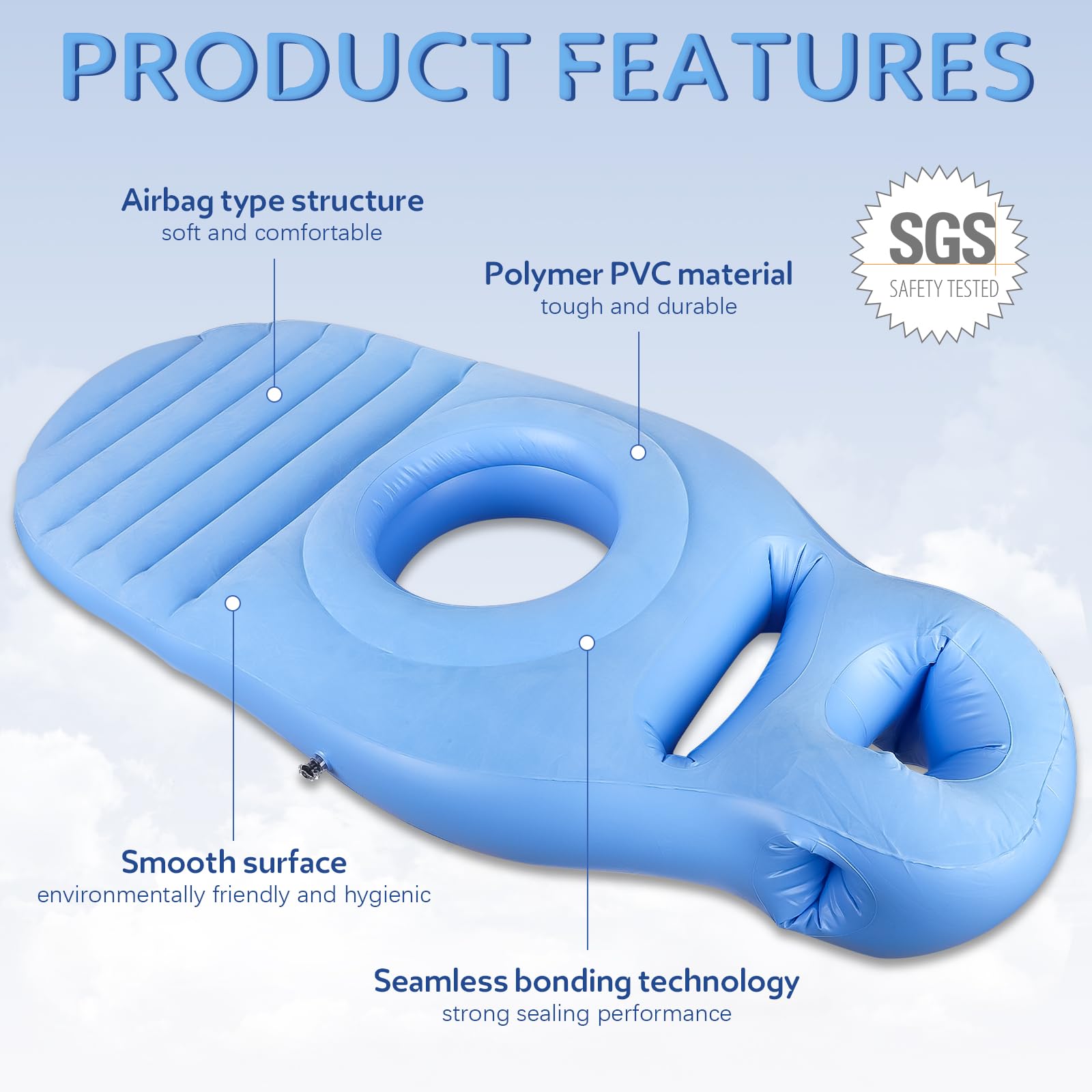 Almohada Inflable para Embarazadas, Esterilla de Yoga con Orificio, Cómoda Cama de Aire Flocada, Esterilla para Tumbarse Boca Abajo, Soporte Corporal Completo para Aliviar el Dolor(Azul)