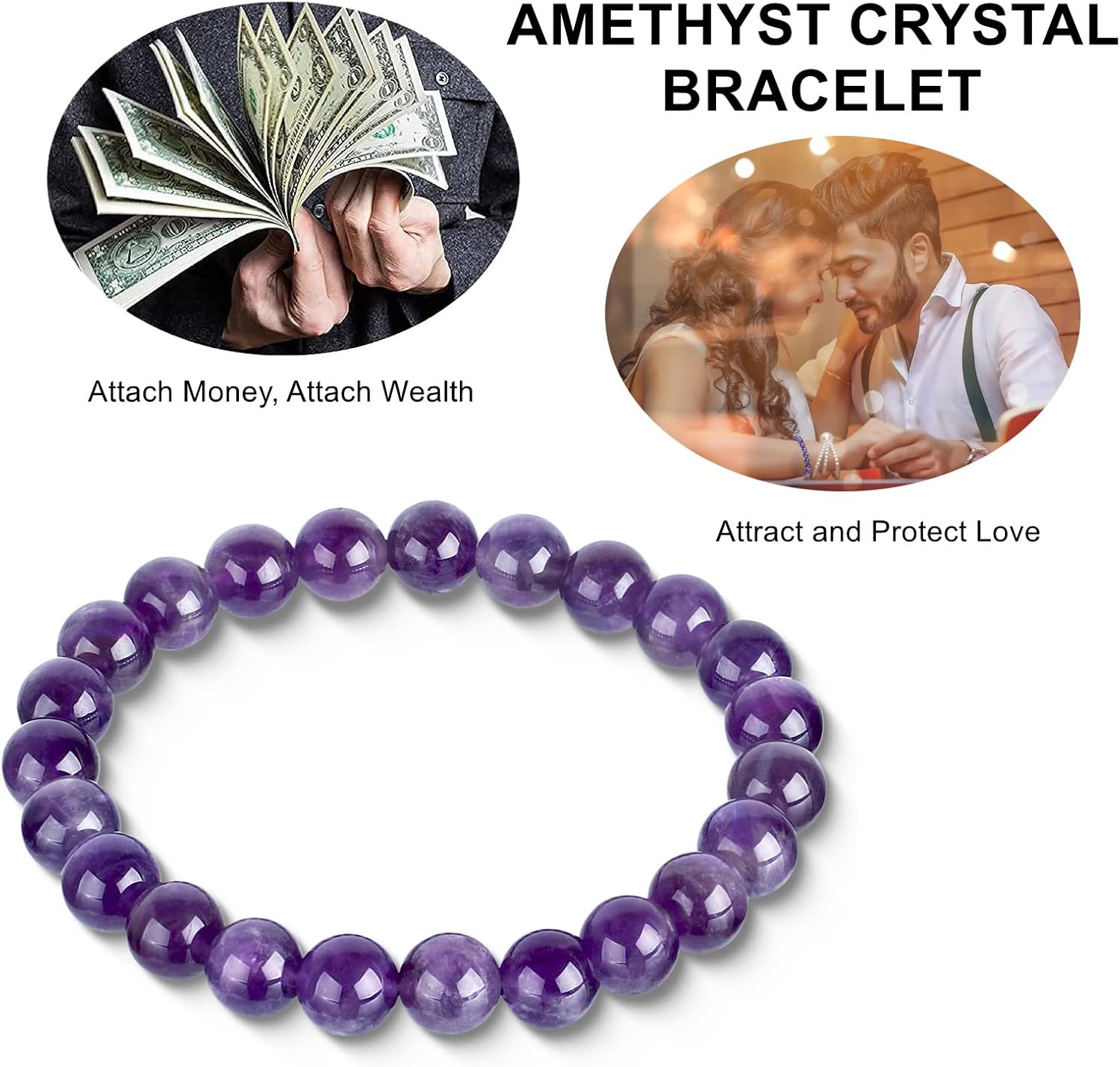 Amethyst Crystal Bracelet, Purple Crystal Friendship Love Protection Bracelets for Men Women, Business Money Wealth Prosperity Good Luck Energy Stone Beaded Gemstone Chakra Bracelets