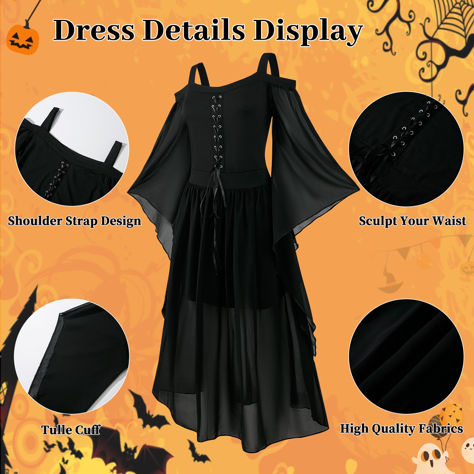 Costume medievale da donna, abito gotico da donna, con maniche a tromba, corsetto rinascimentale costume per abito nero, Halloween