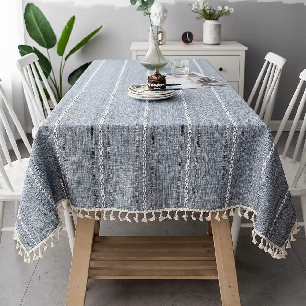 Mucalis Almond Tablecloth Rectangle Tassel Table Cover Dustproof Cotton Linen Stripe Table Linen for Kitchen Dining Party Outdoor Wrinkle Free 55x 86 Inch