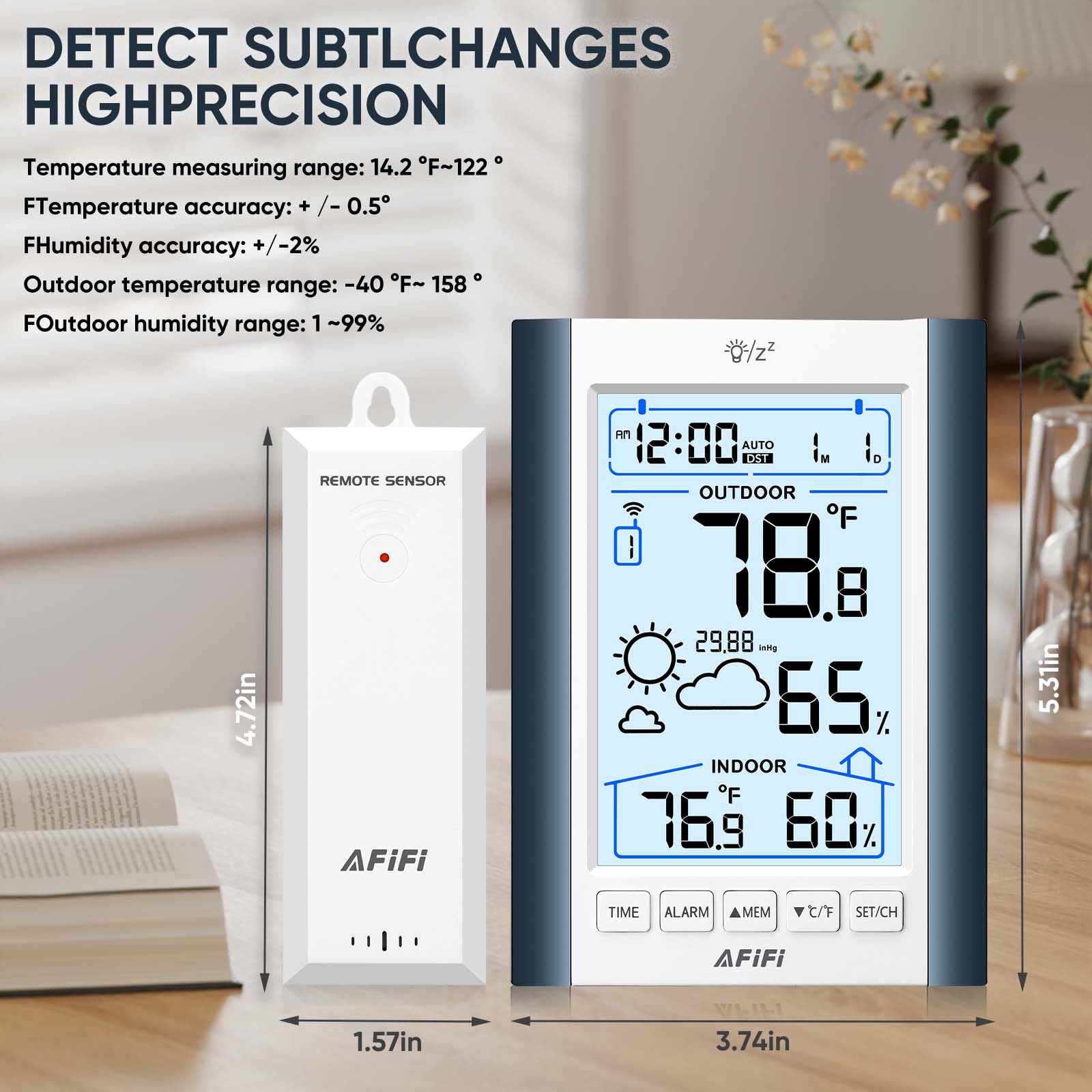 Termometro e igrometro wireless per interni ed esterni, termometri igrometro monitor con sensore remoto da 100,6 m, alimentato a batteria, display retroilluminato, per casa, patio