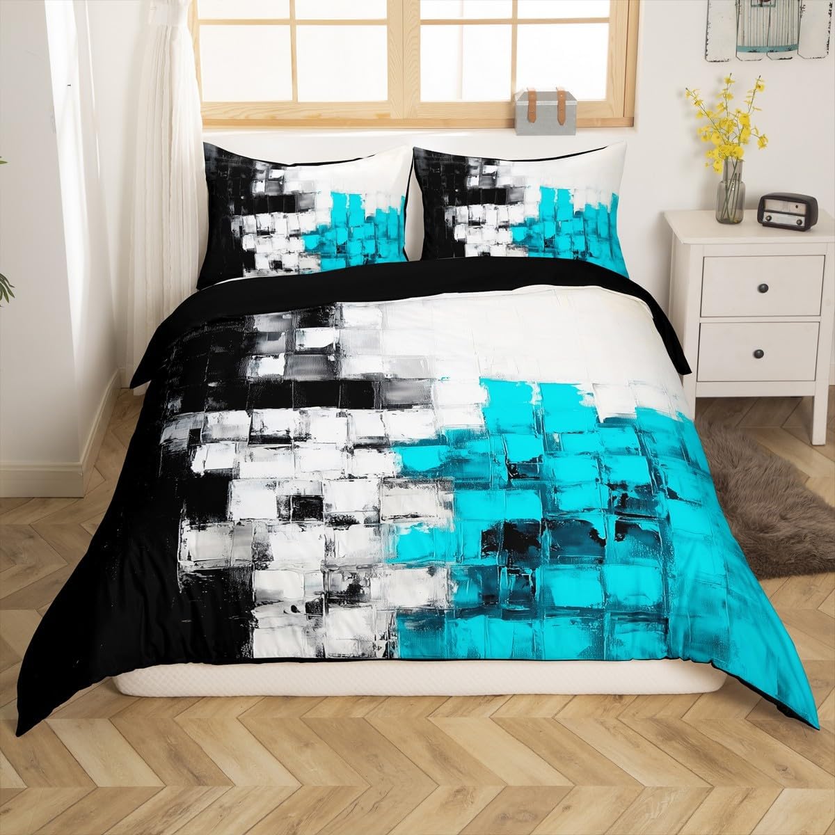Blue Black and White Bedding Set Abstract Art Duvet Cover Set Boys Girls Geometric Artistic Comforter Cover Modern Design Quilt Cover with 1 Pillowcase 2Pcs Bedding Toddler,No Comforter
