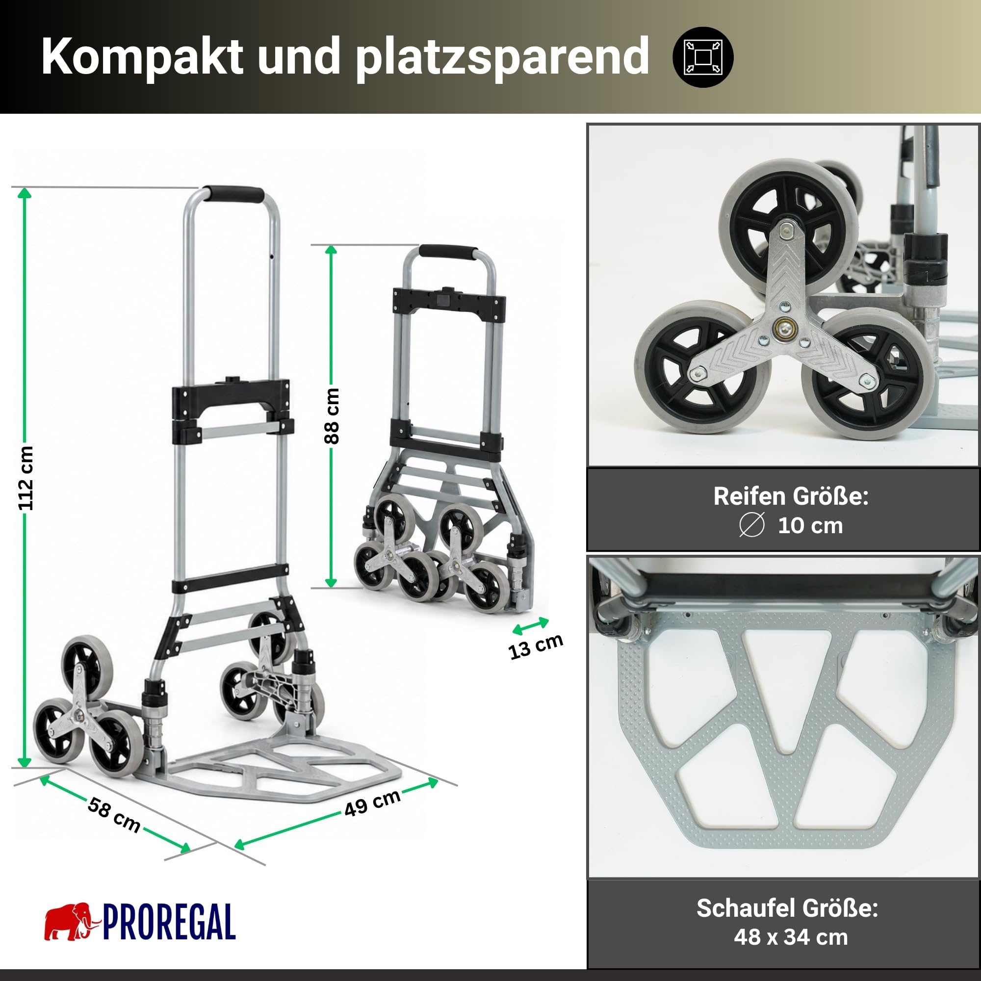 PROREGAL Klappbare Treppensackkarre Elephant | große Schaufel | Traglast 150kg | 6,8 kg leicht | Aluminium, Vollgummireifen Teleskopgriff 100 cm | Silber | Sackkarre Transportkarre für Treppen