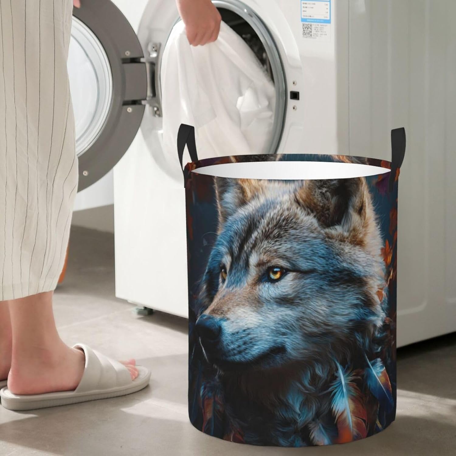 Laundry Basket Waterproof Laundry Hamper for Bathroom Autumn leaves and a wolf Laundry Baskets Circular Storage Basket with Handles Lightweight Dirty Clothes Hamper for Bedroom Dorm