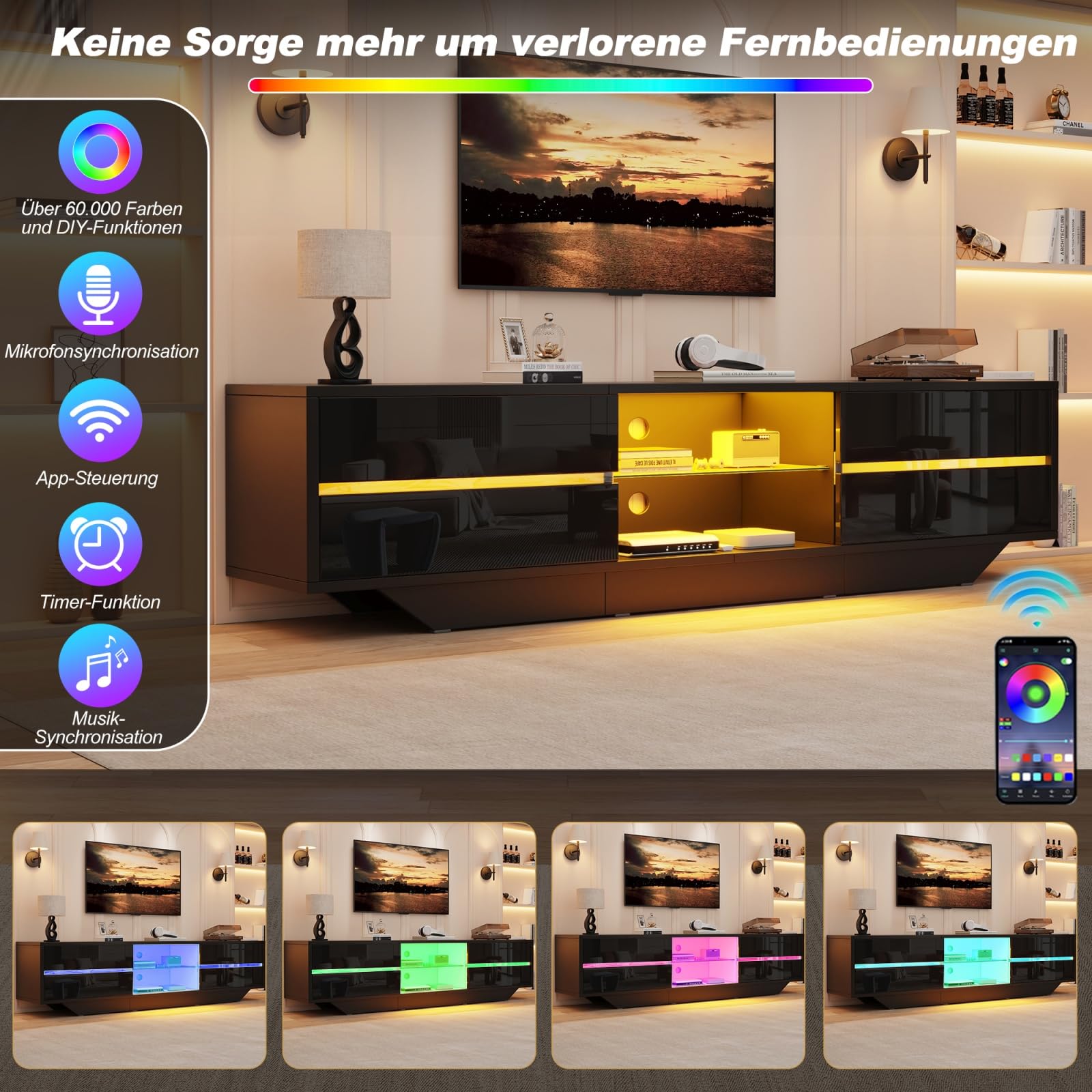 Sweiko Meuble TV au Sol 160 × 35 × 44,5 cm avec 2 Portes,Finition Brillante et éclairage LED,adapté à Un téléviseur de 65 Pouces