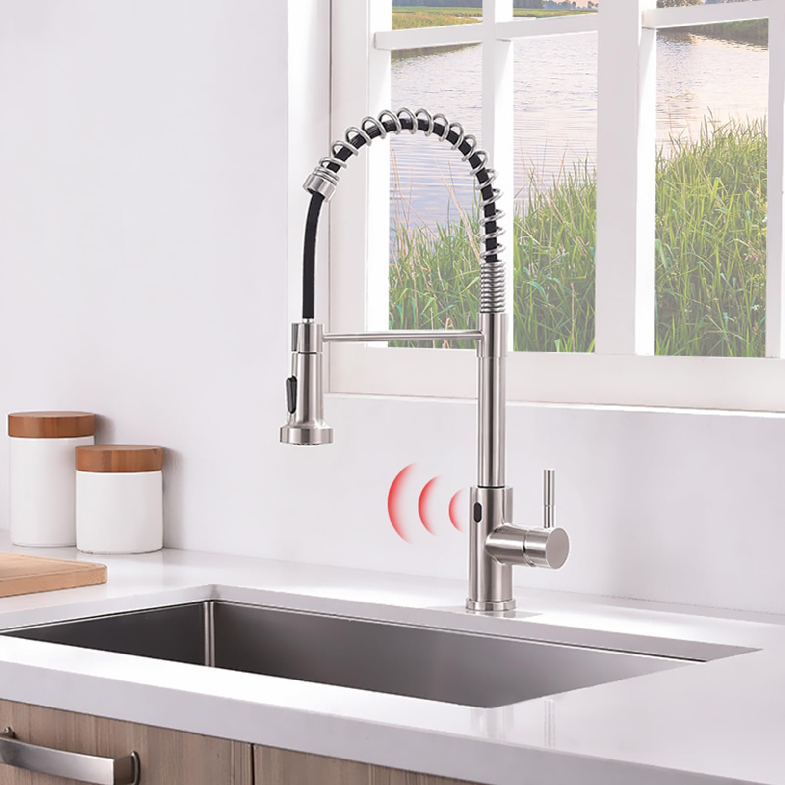 COSZWQDP Enhance Kitchen Hygiene with Touchless Faucet Automatic Sensor Operation Pull-Out Sprayer Black