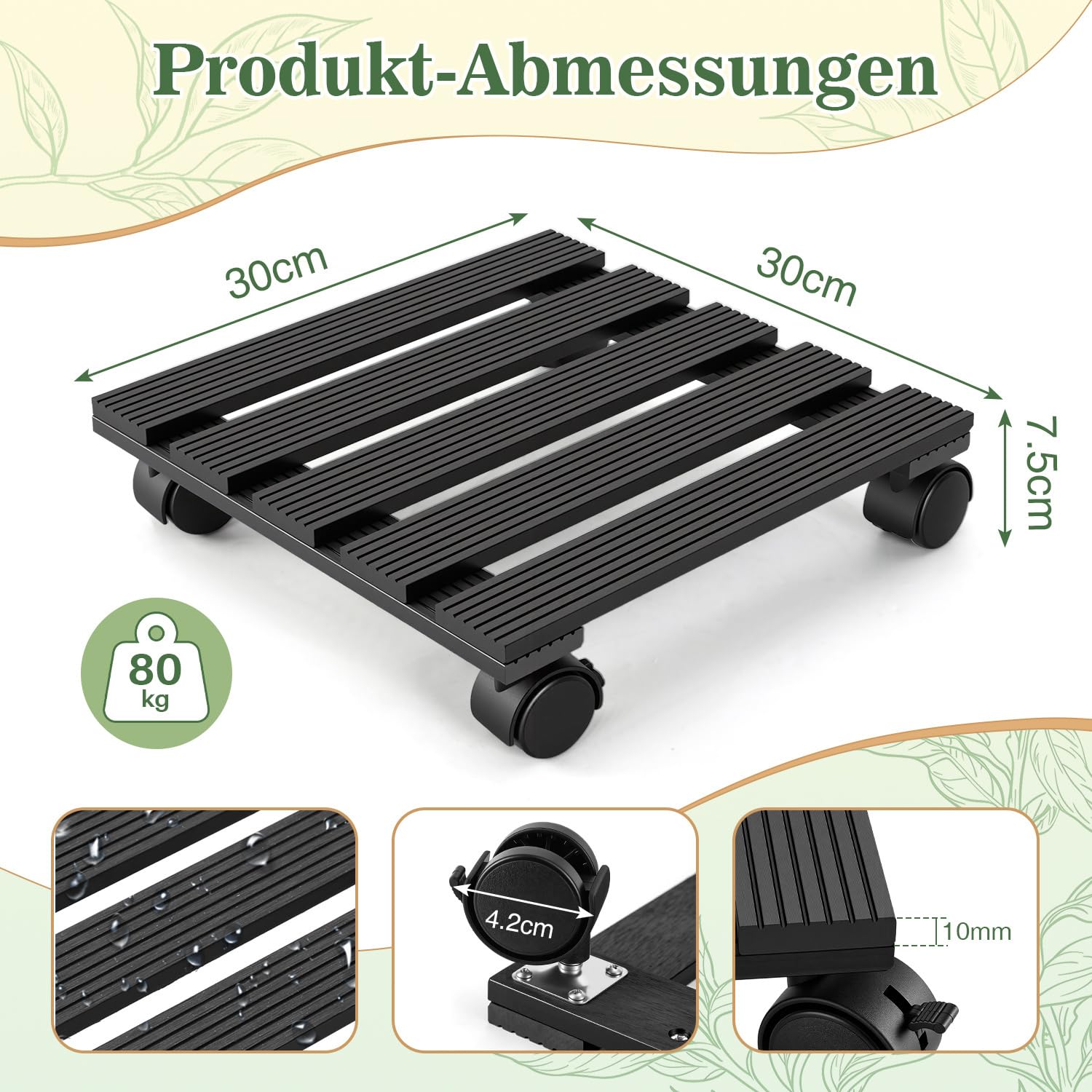 Ikodm 2 ruedas para plantas WPC rectangulares, 30 x 30 cm, con ruedas, capacidad de carga de 80 kg, para interiores y exteriores, tabla de ruedas para plantas, maceta (antracita)