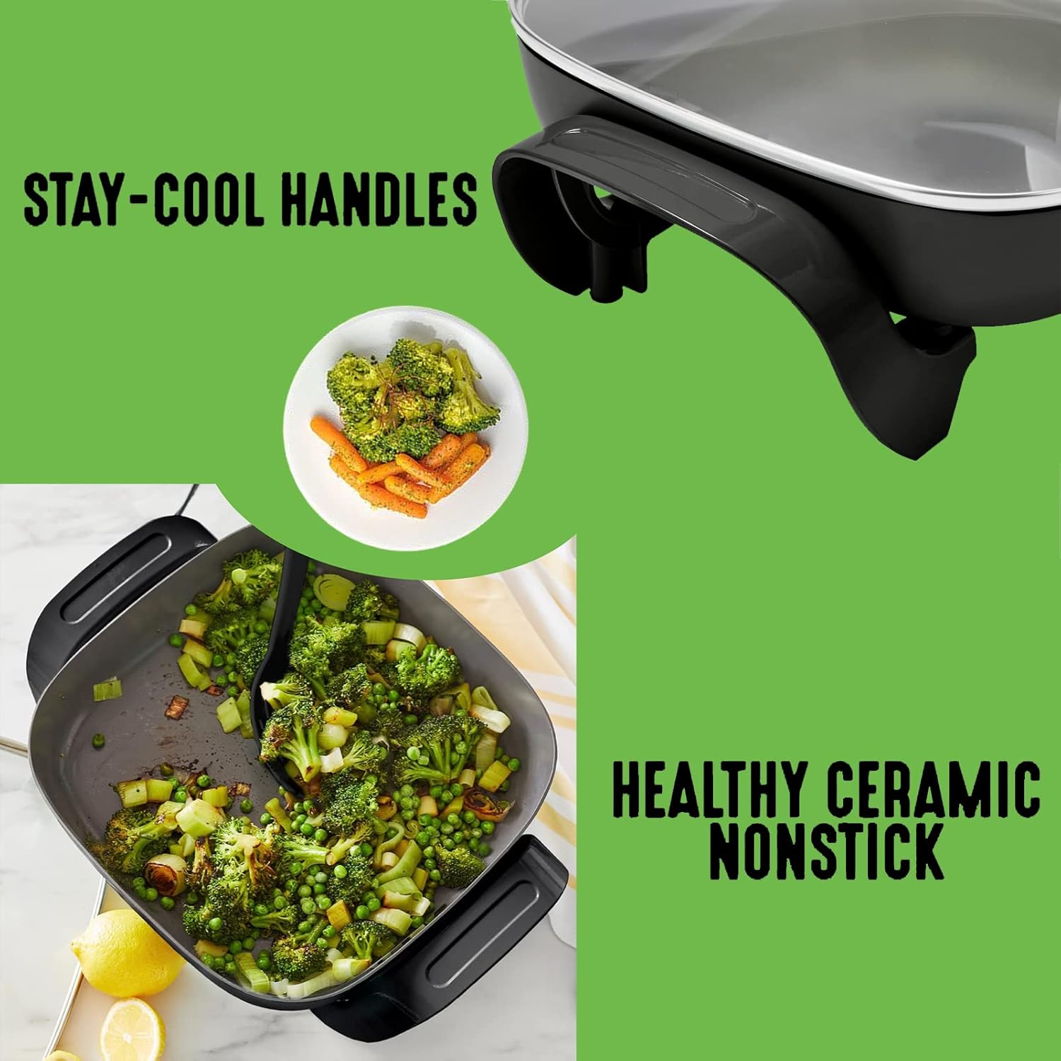 Ceramic Electric Skillet Nonstick - For Fry Sauté Bake Grill and Steam (5QT.)