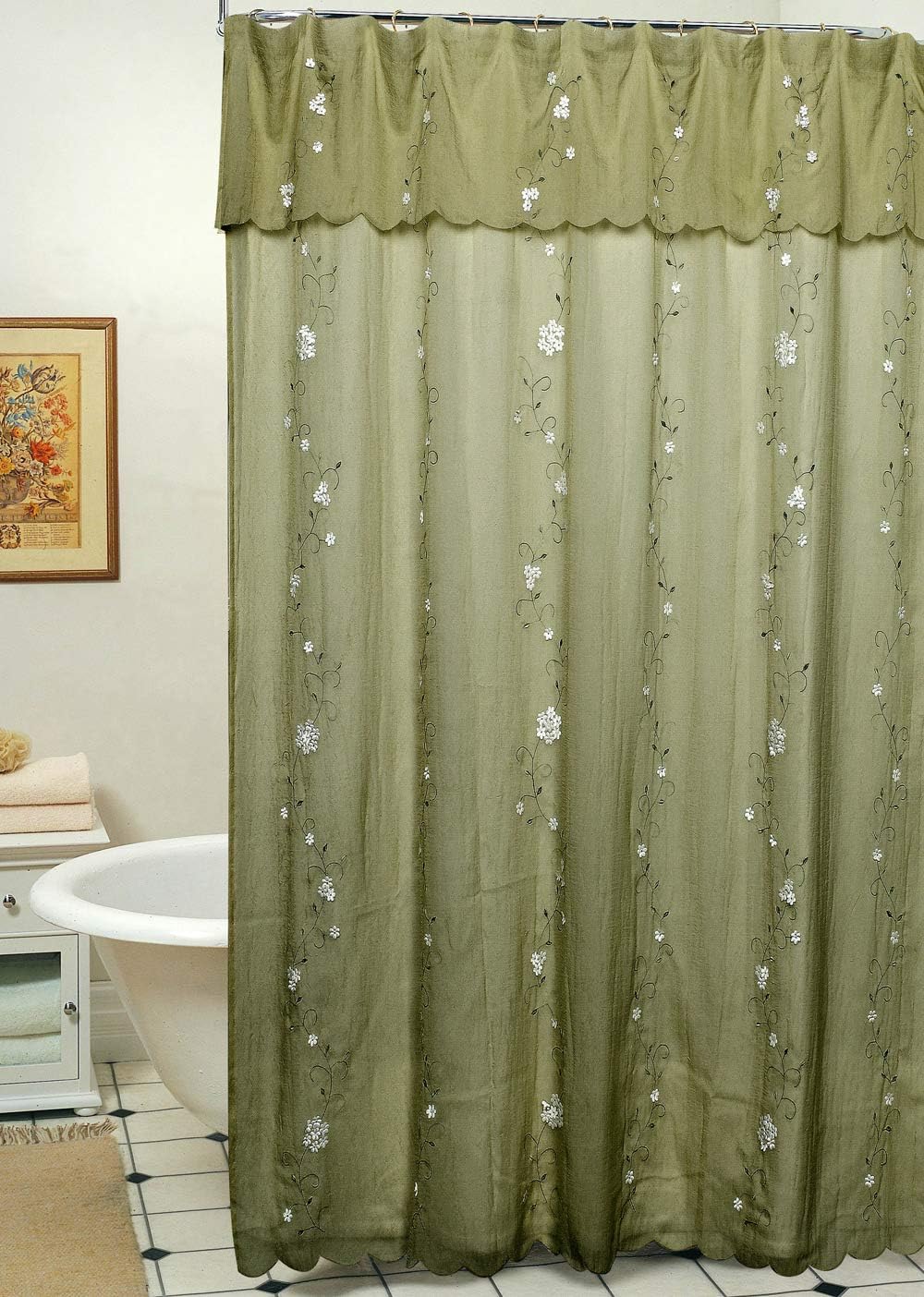 Creative Linens Daisy Embroidered Floral Fabric Shower Curtain Sage Green
