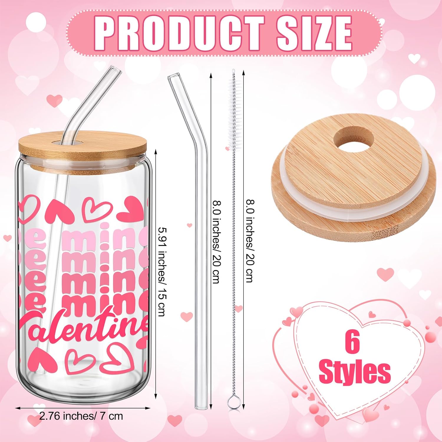 6 Pcs Valentines Glass Tumbler Gifts Galentines 16 oz Pink Heart Glass Cup with Bamboo Lid and Straw Valentines Can Shape Drinking Glasses Iced Coffee Cup for Her Birthday Presents