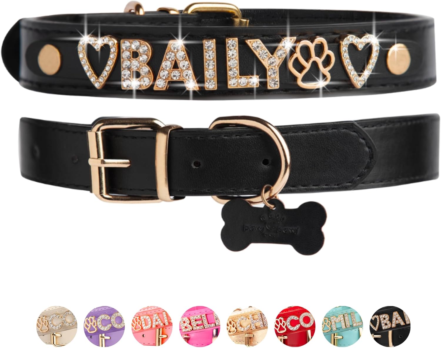 Paws Paws Miami Custom Dog Collar for Large Dogs, Personalized with Name in Gold-Plated Cubic Zirconia Initials and Charm Jewels Leather Collars, Black