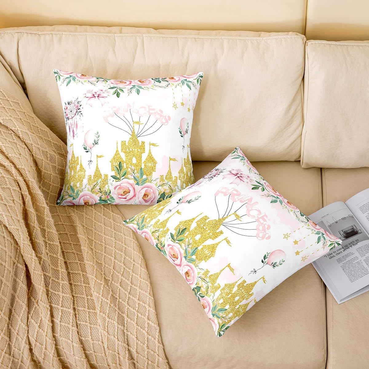 Girls Castle Pillow Covers 16"x16" Set of 2,Fashion Girly Flowers Bowknot Reversible Throw Pillow Covers,Fairy Tale Botanical Leaves Pillow Cases for Kids Boys TeensGirls Women Cartoon Cushion Covers image 2