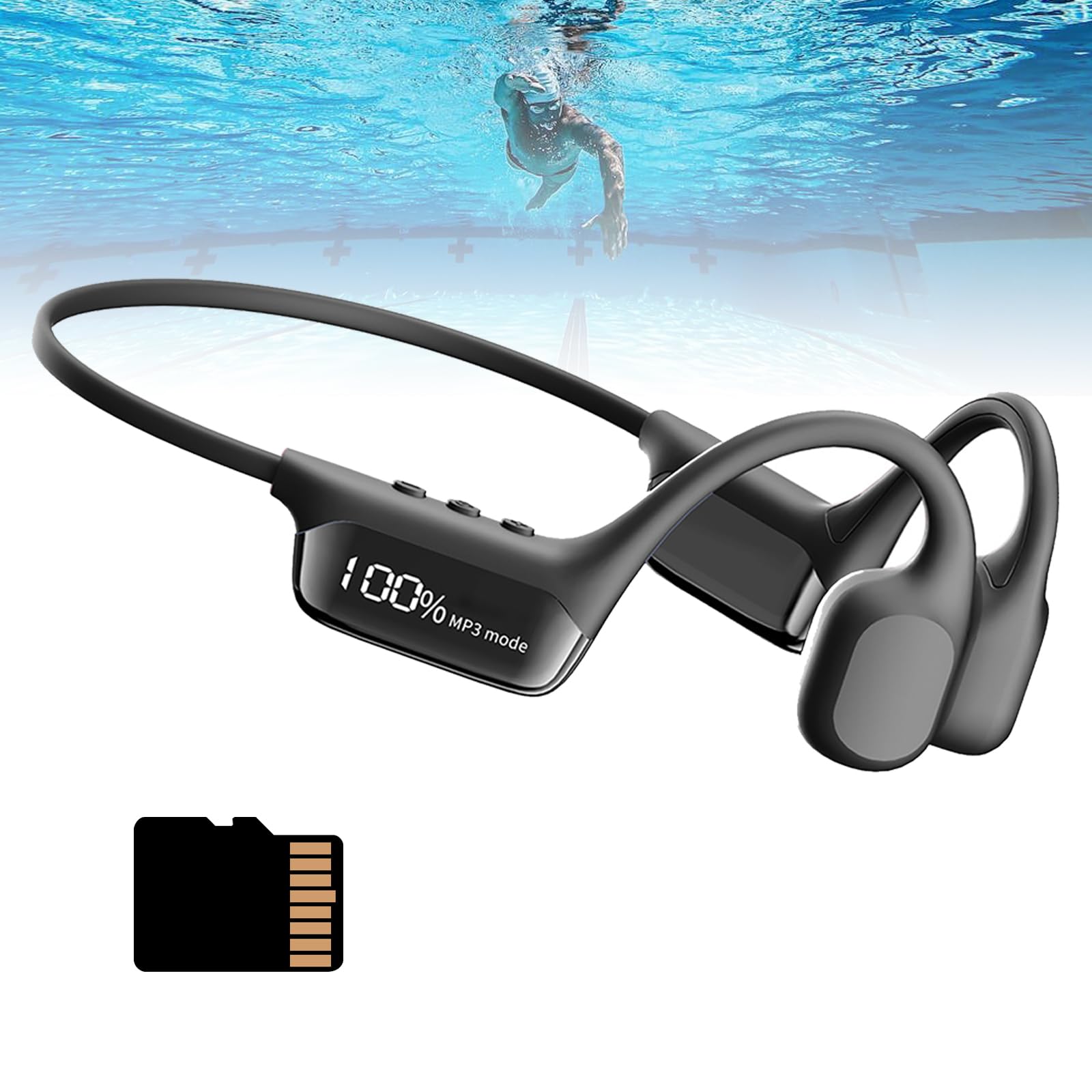 Auriculares MP3 Impermeables para Natación - Clasificación IPX68, Memoria Integrada De 32 GB, Batería De 8 Horas con Pantalla LED, Auriculares Abiertos para Conducir, Ciclismo,Black