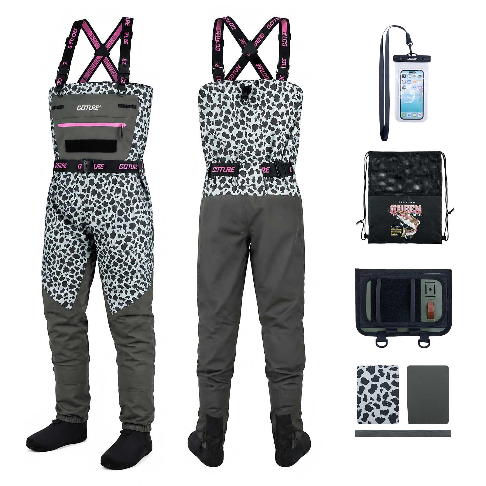 Goture 5-Layer Leopard Breathable Chest Womens Waders & Tool Kit XS-XXL | 4mm Neoprene St…