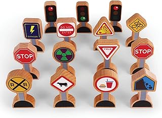 Zany Traffic Signs - 15 Pieces - Wooden Street Signs for Play Mats, Toy Trains and Cars - Wooden Road Signs - Preschool Train Track Accessories - Zany Trains Series 2