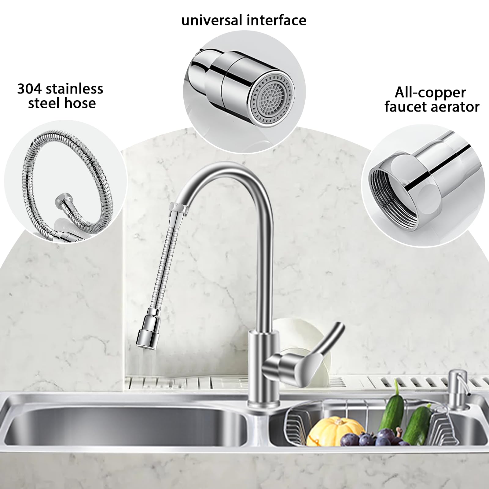 Vaskula Alargador Grifo Cocina Fregadero 30cm Acero Inoxidable Rotación de 360° Extensión Para Grifo de Cocina Ajuste de 2 Velocidades Aplicable A Las Escuelas de Apartamentos de Bar