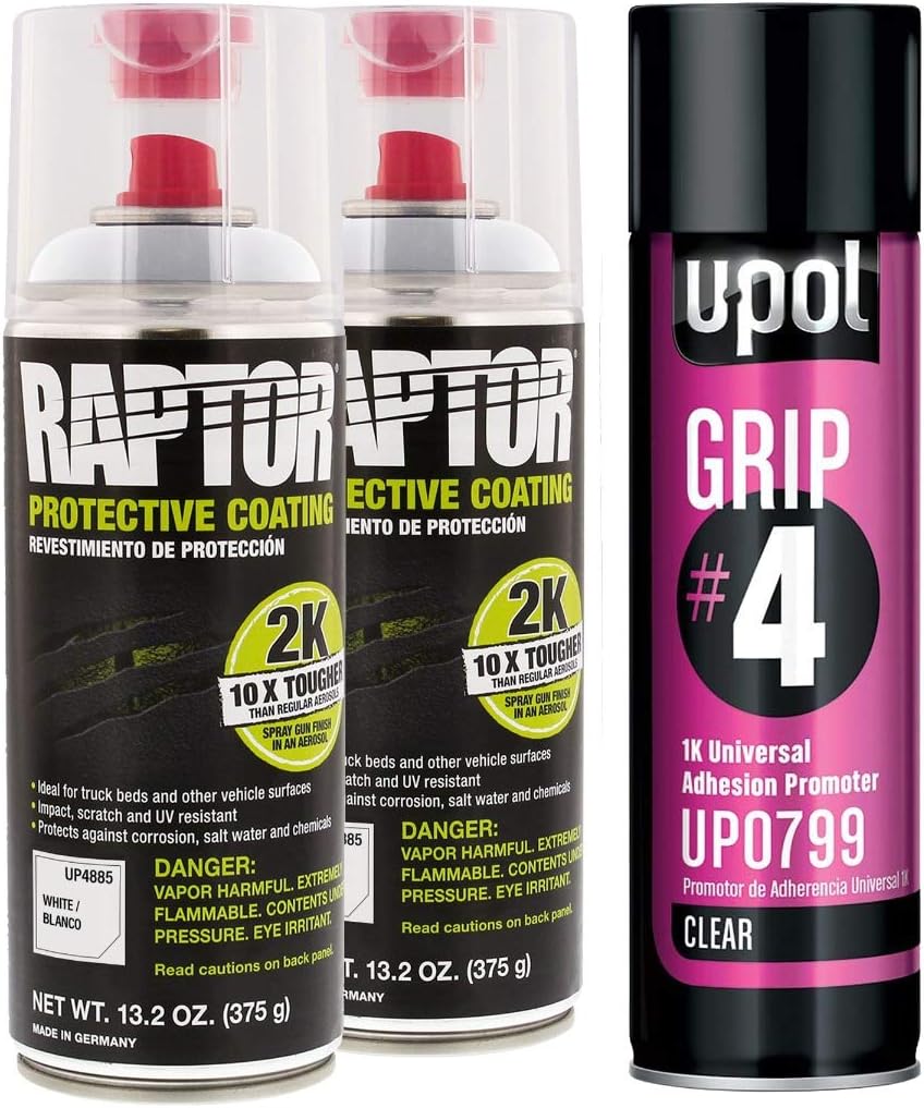 U-POL Raptor 2K White Spray-On Truck Bedliner Aerosol #4 Grip Adhesion Kit 4885 (2) + 799