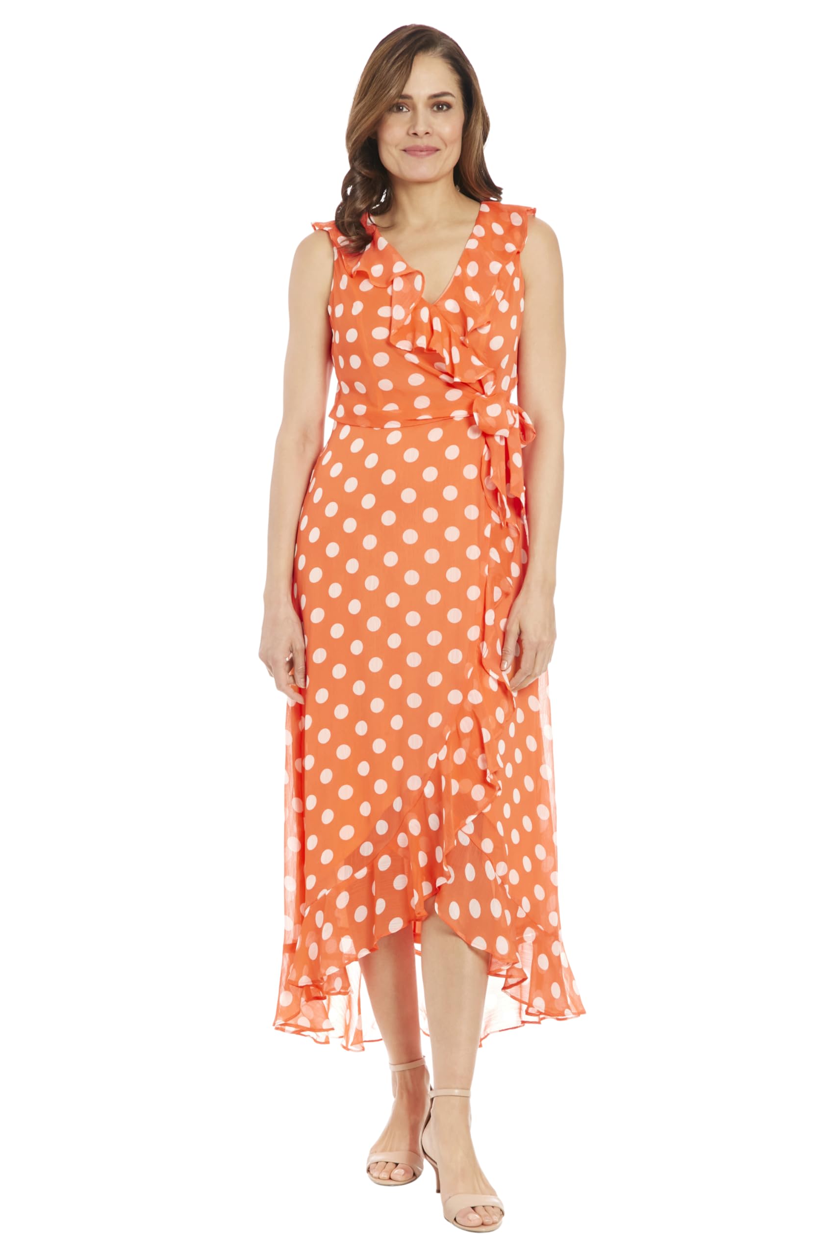 London Times Women's Sleeveless Ruffle Detail Faux Wrap Tie Midi Dress
