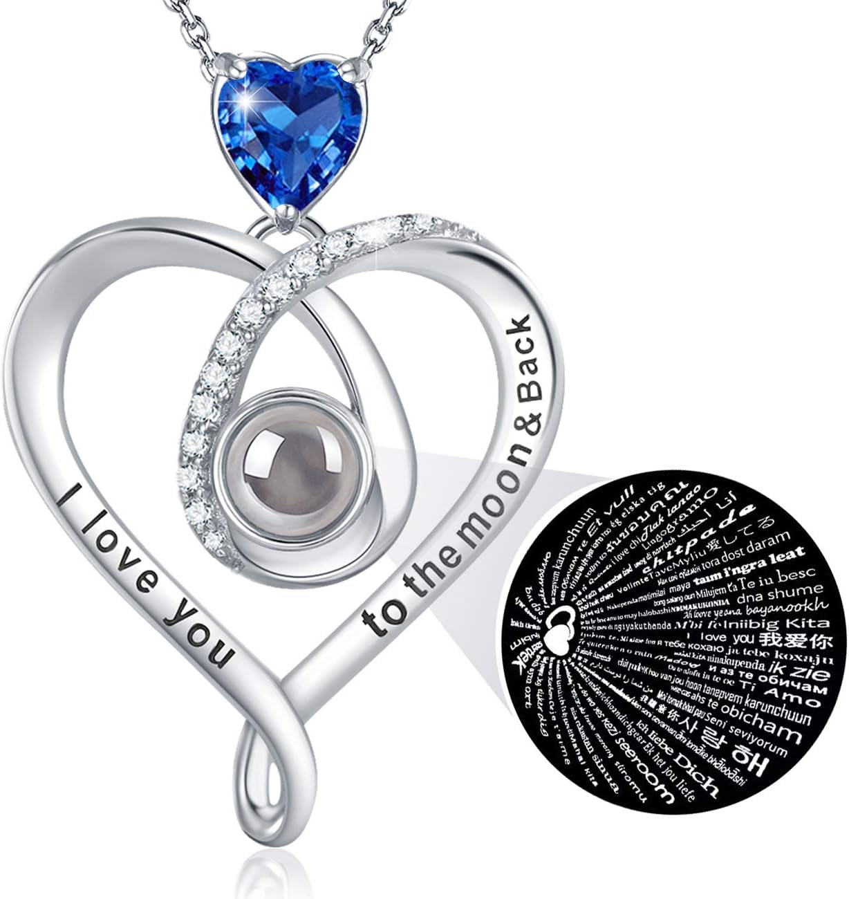 Birthday Gifts for Her March April Birthstones Aquamarine Jewelry I Love You Necklace 100 Languages to the Moon and Back Necklace 925 Sterling Silver