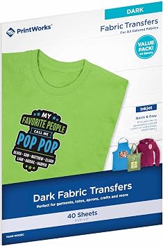 PrintWorks Iron on Heat Transfer Paper for Inkjet Printer - Printable Heat Transfer Vinyl for Dark Fabric Printable HTV - 8.5" x 11" - 40 Sheets - Made in The USA - Iron on Vinyl 00529C