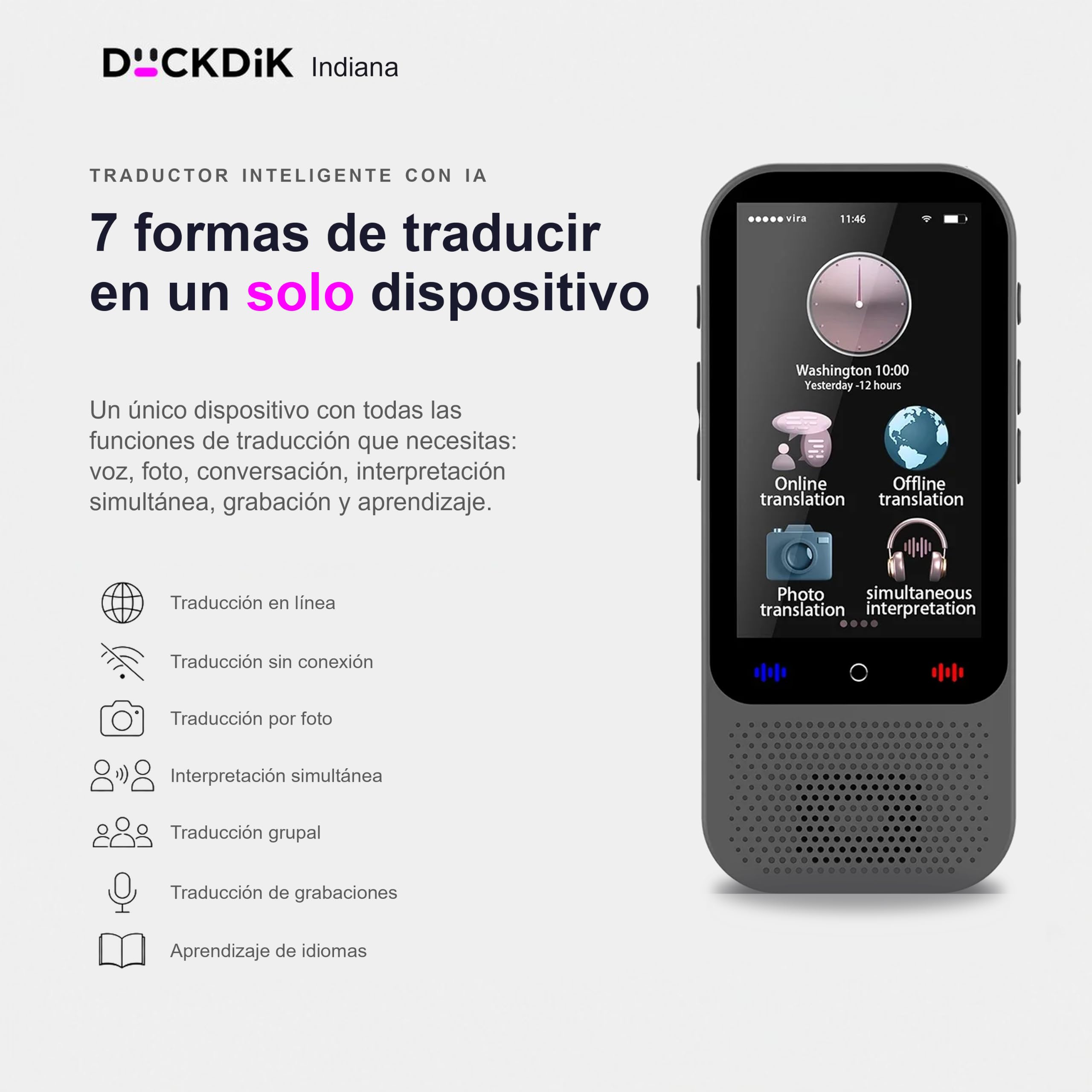 Indiana, Traductor de Idiomas Instantáneo de Voz 2025 + App Traducción Offline Incluida de por Vida (Valor 120€/año) — 142 Idiomas Online, 18 Offline + 59 en App, Pantalla Táctil HD, IA