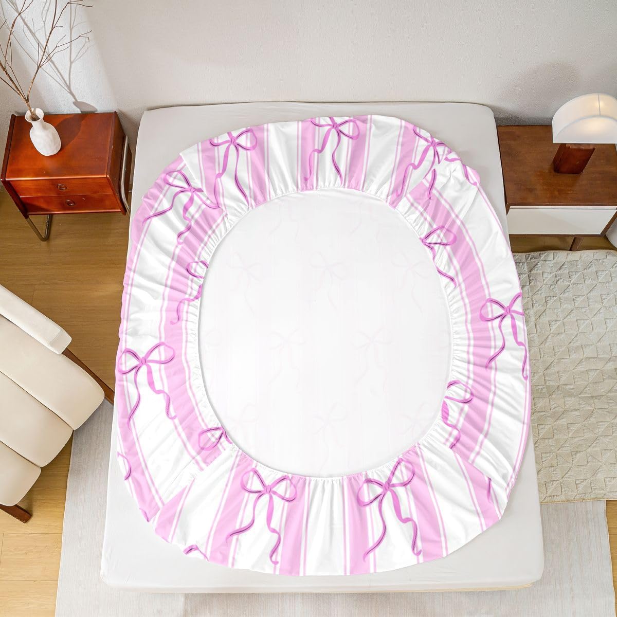 Feelyou Cute Bow Bed Sheets Set Queen Size Bow Tie Princess Deep Pocket Fitted Sheet Rose Pink Striped Bedding Sets Soft Bed Set 4Pcs with 2 Pillow Cases