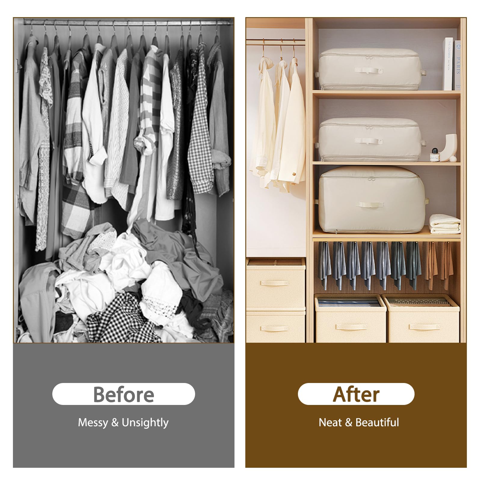 Shackcom 4 organizer autocomprimibili ultra salvaspazio, grandi, per riporre piumini, vestiti, con 4 etichette, per biancheria da letto, vestiti, coperte, cuscini e piumini, L, beige