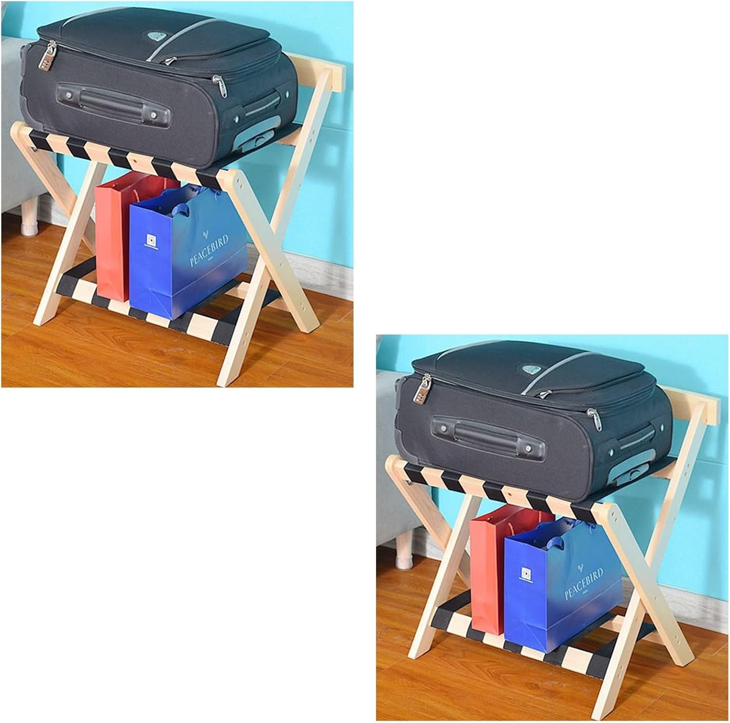 Luggage Rack - Luggage Stands for Suitcases Foldable Home Solid Wooden Foldable Luggage Rack Travel Bag Guest Room Storage Shelf Suitcase Stand with Nylon Strap,White